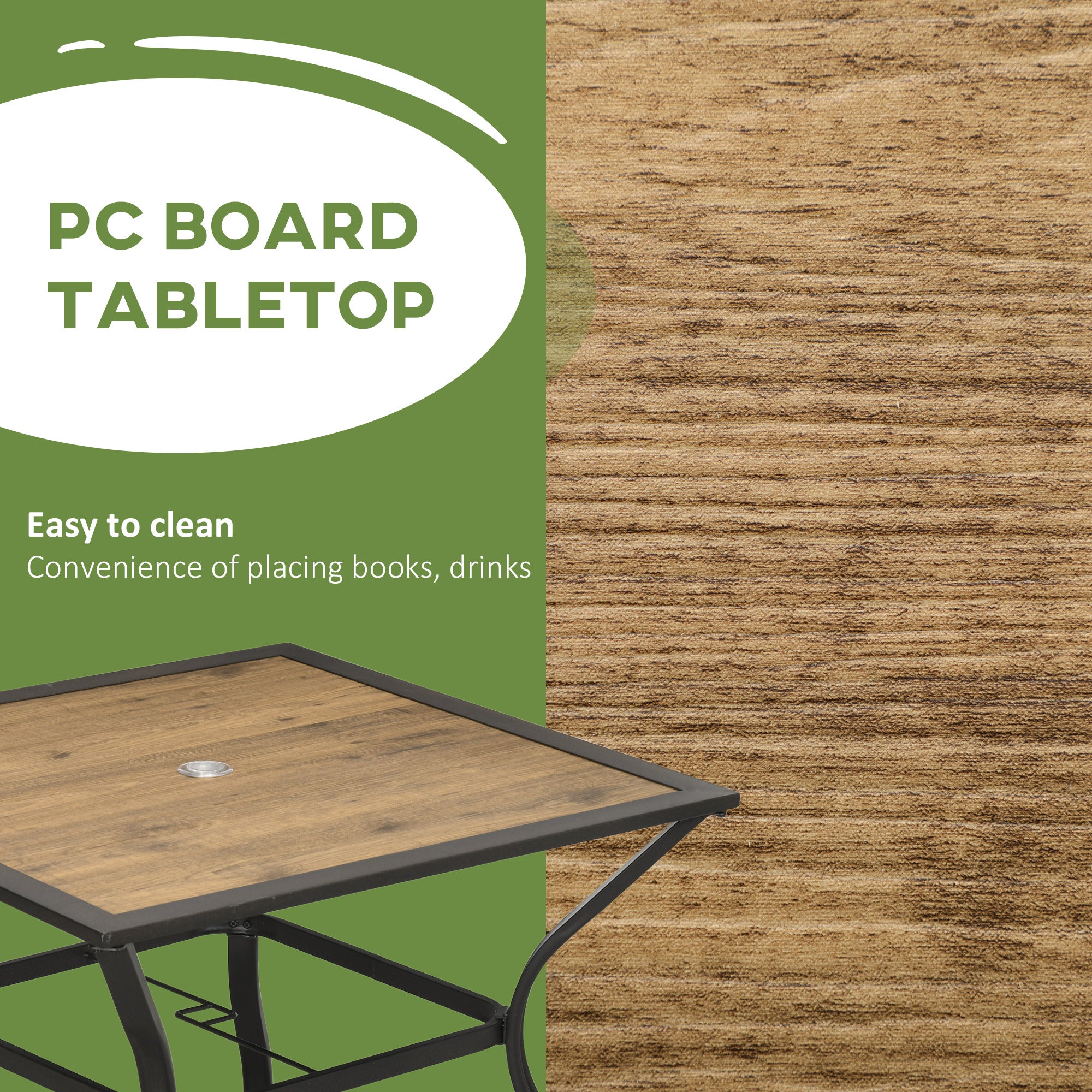 37" Garden Outdoor Dining Table for 4, Square Patio Table with Umbrella Hole, Plastic Board Tabletop for Backyard, Poolside, Mixed Brown