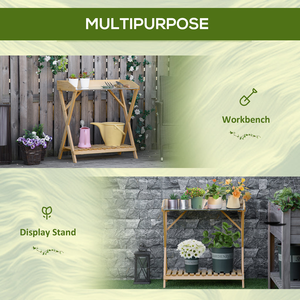 Garden Potting Bench Table, Wooden Work Station, Outdoor Planting Workbench w/ Galvanized Metal Tabletop and Storage Shelf