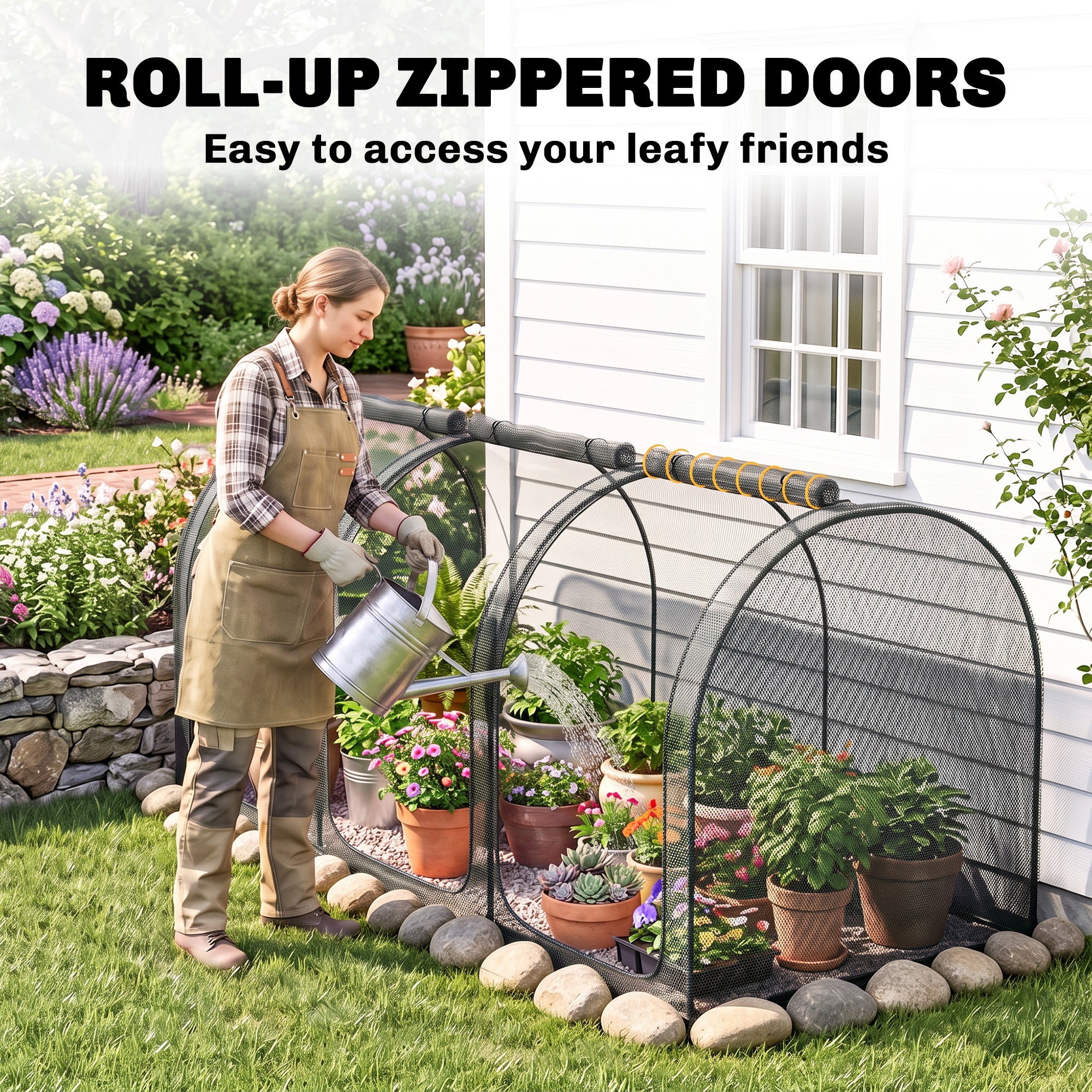 9' x 4' Crop Cage, Garden Plant Protector, with 3 Zippered Doors and 4 Ground Stakes, for Garden, Yard, Lawn, Black