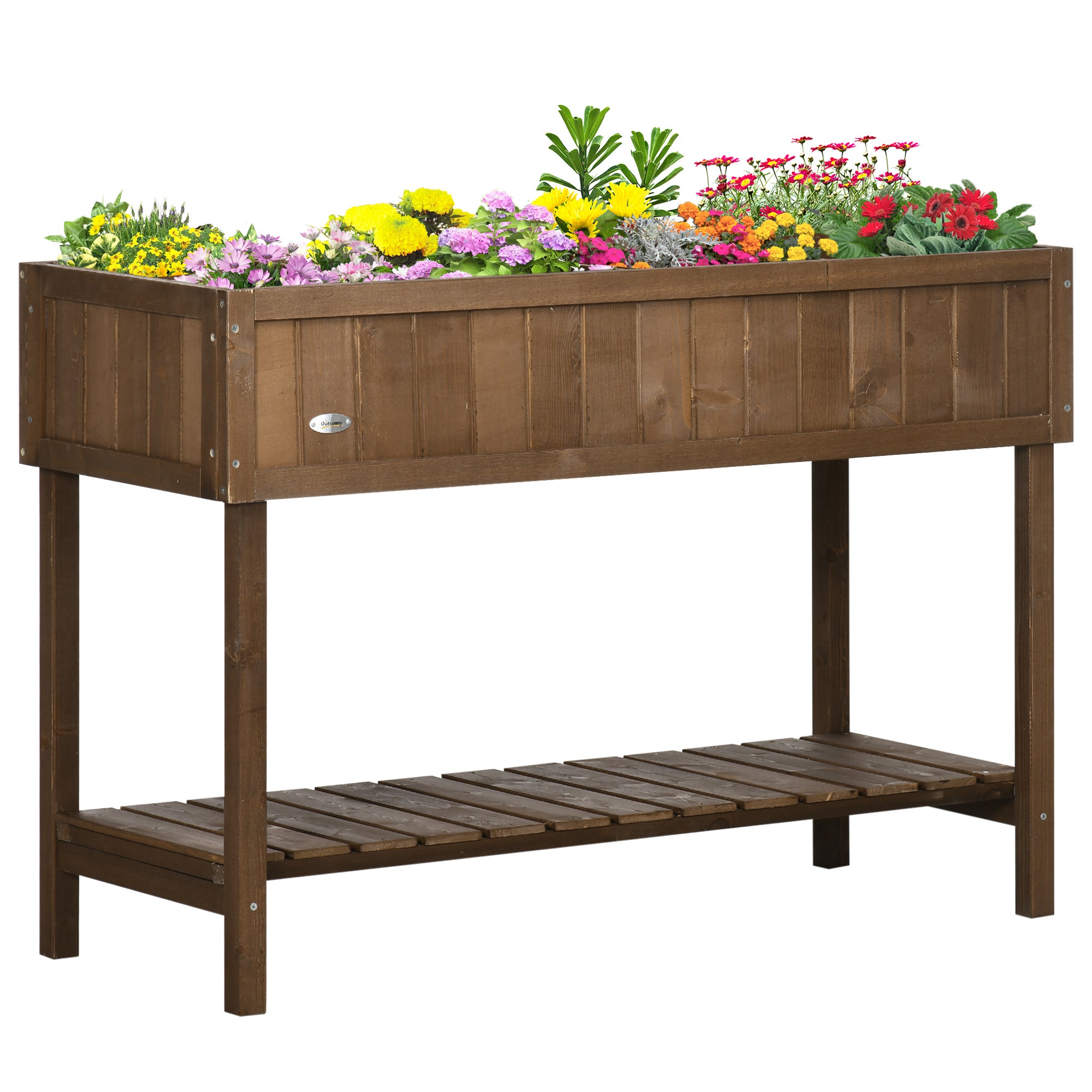 43.25" x 18" x 30" Raised Garden Bed, Wooden Plant Stand with 8 Grid Box, Storage Shelf for Outdoor, Dark Brown