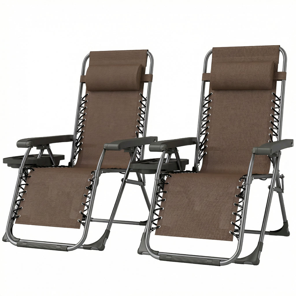 Zero Gravity Chair Set of 2, Folding Reclining Outdoor Lounge Chair with Cup Holder, Headrest, Brown