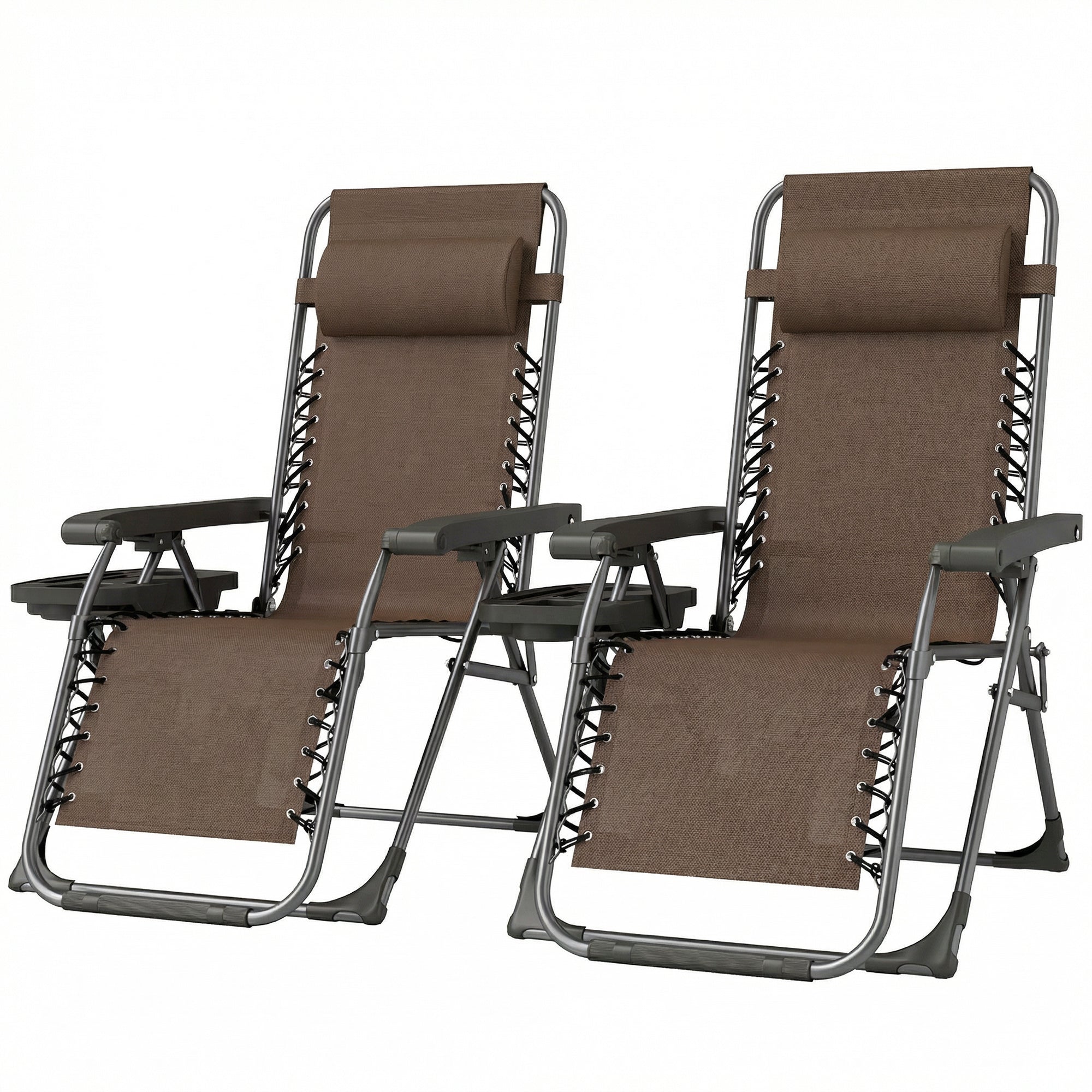 Zero Gravity Chair Set of 2, Folding Reclining Outdoor Lounge Chair with Cup Holder, Headrest, Brown