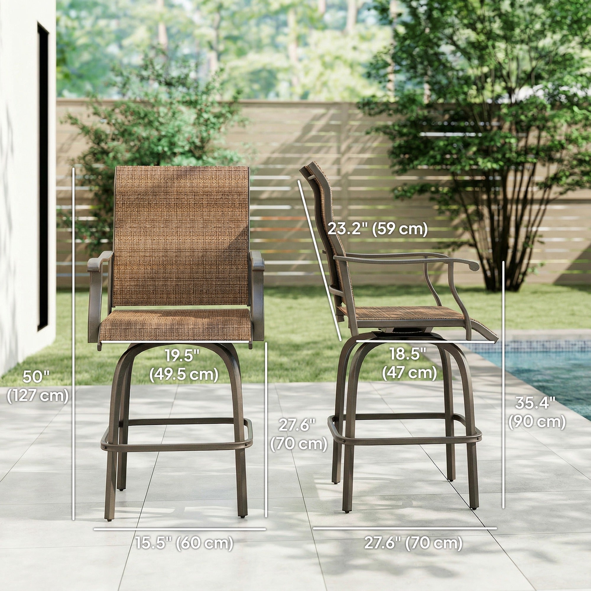 Outdoor Bar Stools Set of 2, Swivel Bar Height Chairs with High Back, Curved Armrests and Steel Frame for Balcony, Brown