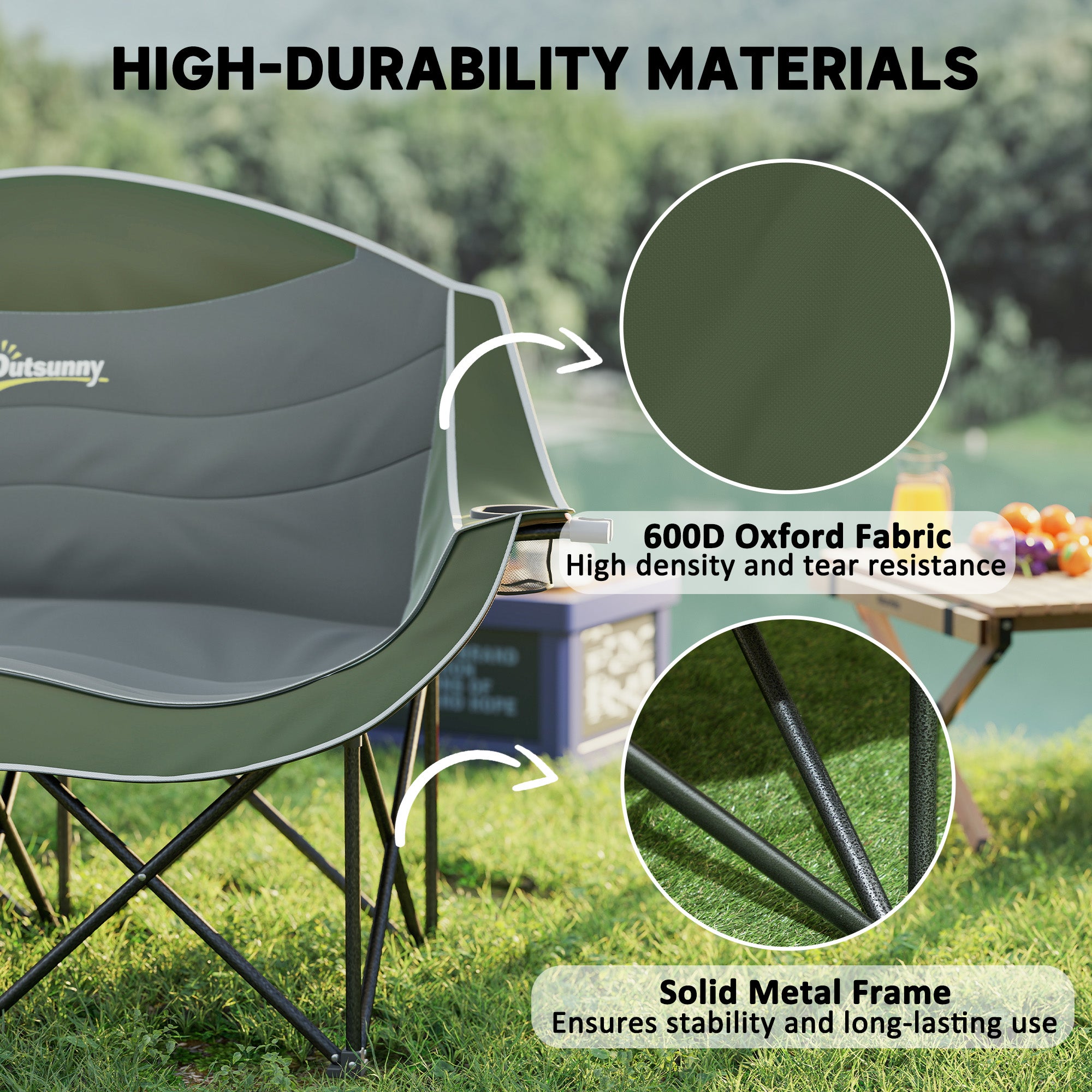 Portable Camp Chair, Double Camping Chair with Cup Holders and Carry Bag, Support 551 lbs, Dark Green