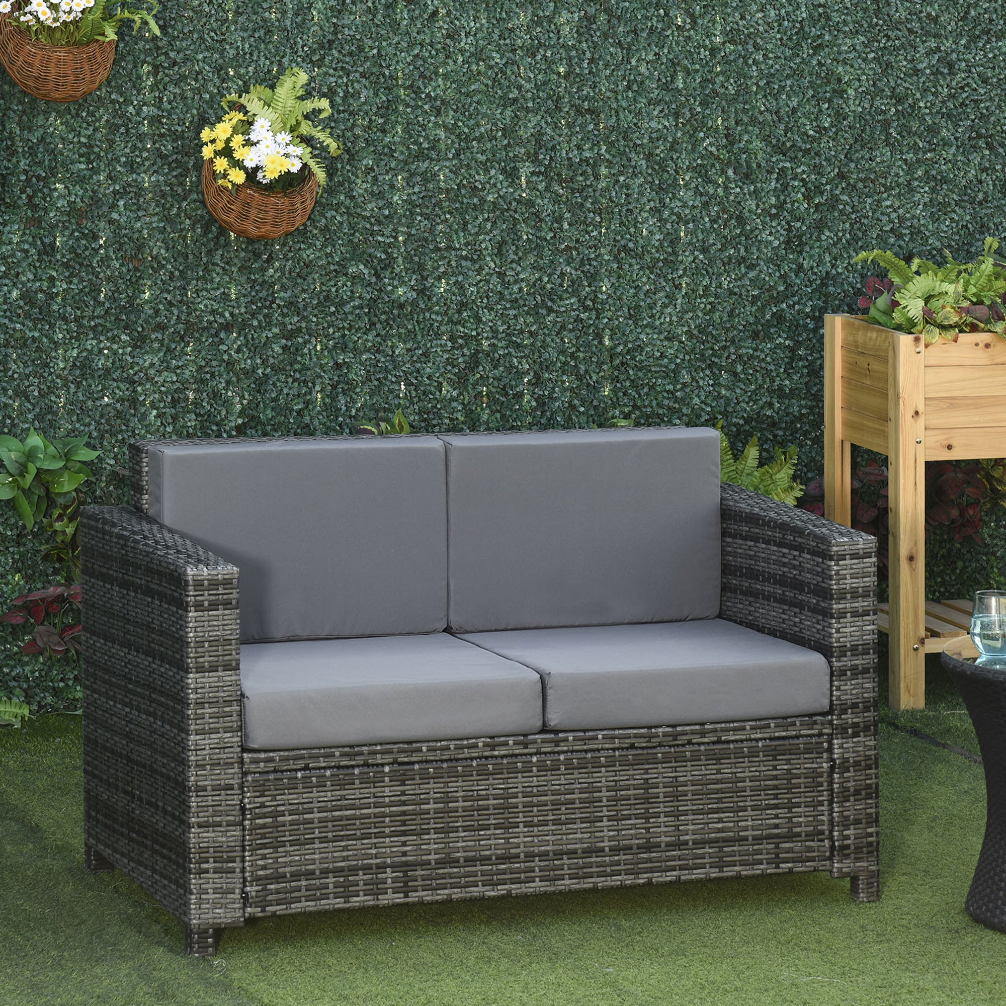 2 Seat Patio Loveseat Deluxe Wicker Sofa Chair Outdoor Rattan Furniture Couch All Weather with Cushion for Balcony, Deck, Garden and Poolside, Grey