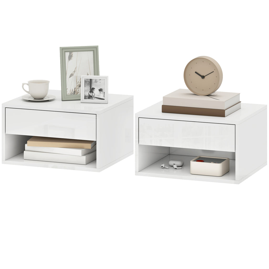 Floating Bedside Tables Set of 2, Wall-Mounted Nightstand, High Gloss White