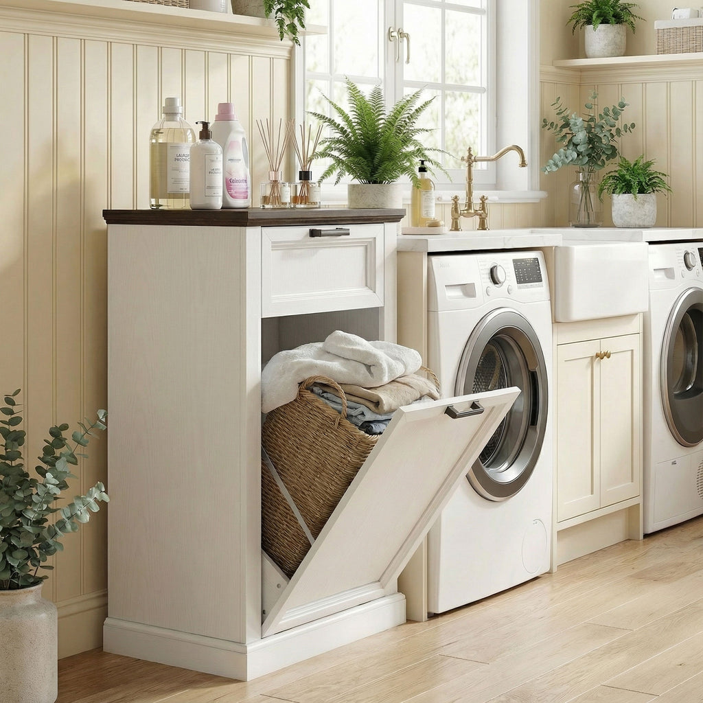 10 Gallon Trash Can Cabinet with Drawer, Farmhouse Tilt Out Garbage Cabinet Laundry Hamper, White Wood Effect