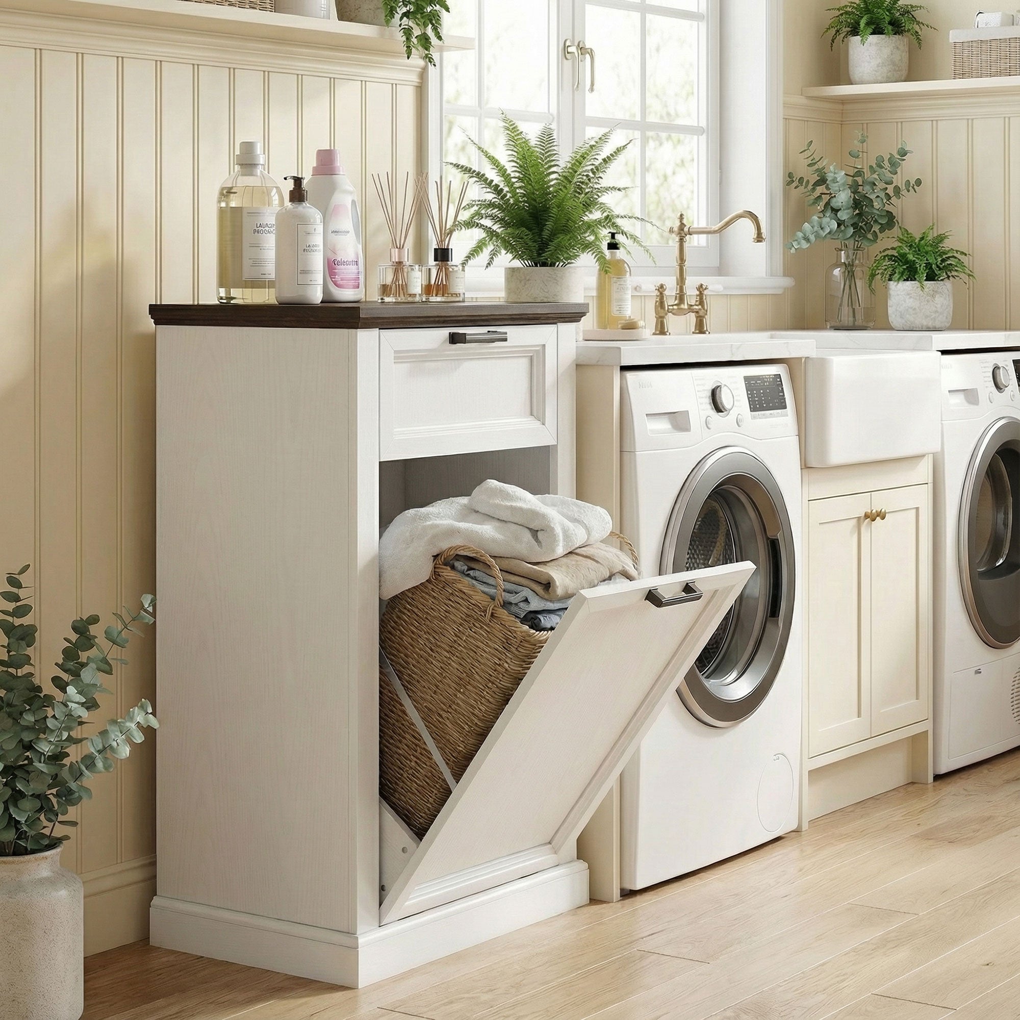 10 Gallon Trash Can Cabinet with Drawer, Farmhouse Tilt Out Garbage Cabinet Laundry Hamper, White Wood Effect