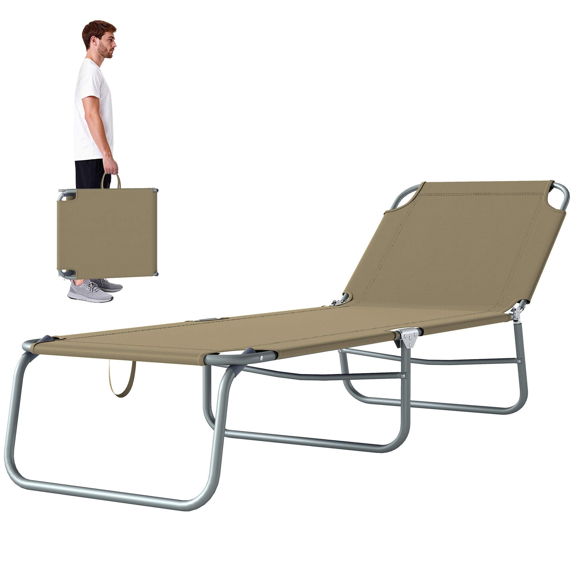 Folding Outdoor Lounge Chair Reclining Tanning Chair with Breathable Mesh Fabric for Patio Garden Pool, Brown
