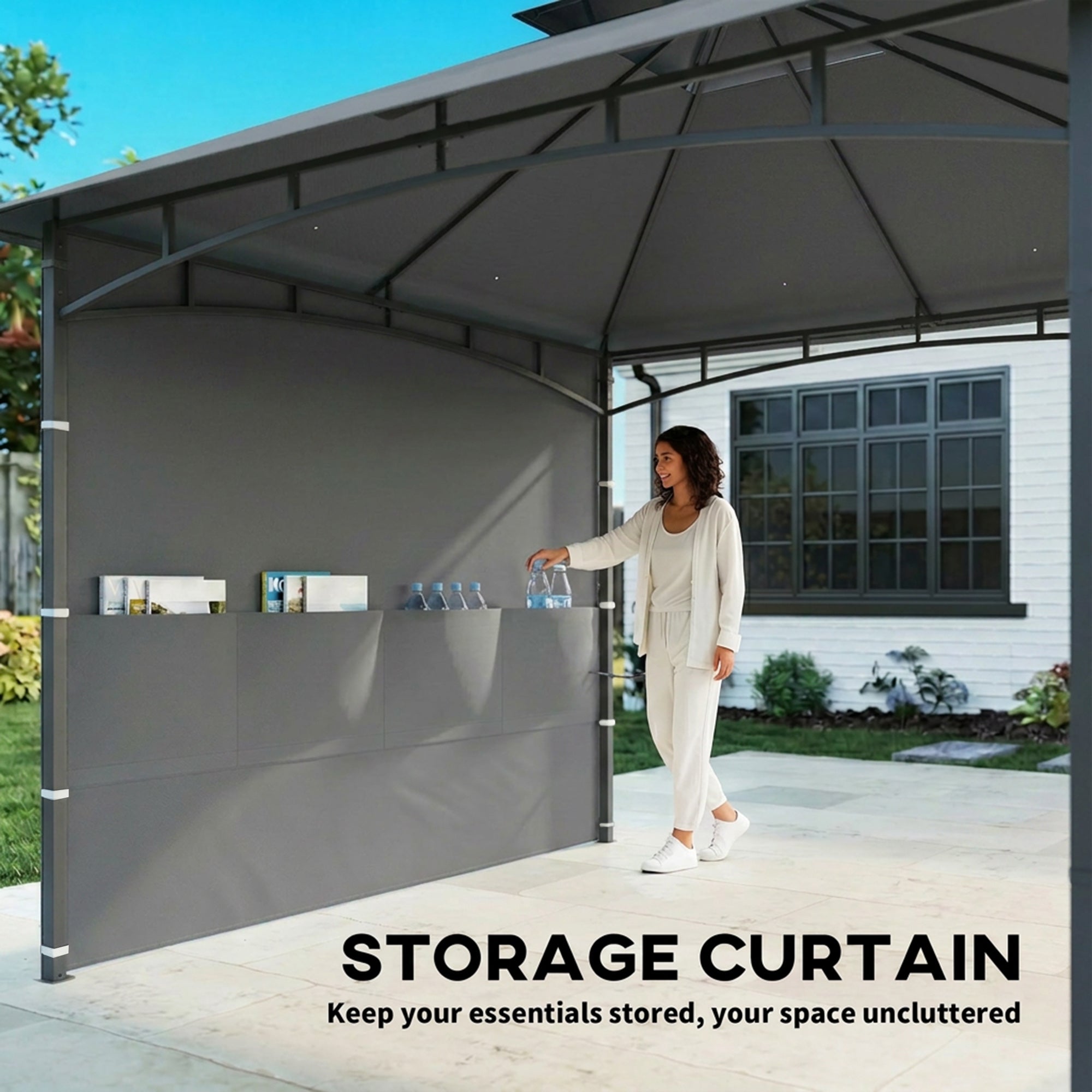 10' x 10' Patio Gazebo, Double Roof Outdoor Gazebo Canopy Shelter with Storage, Hook, Metal Frame, Dark Grey