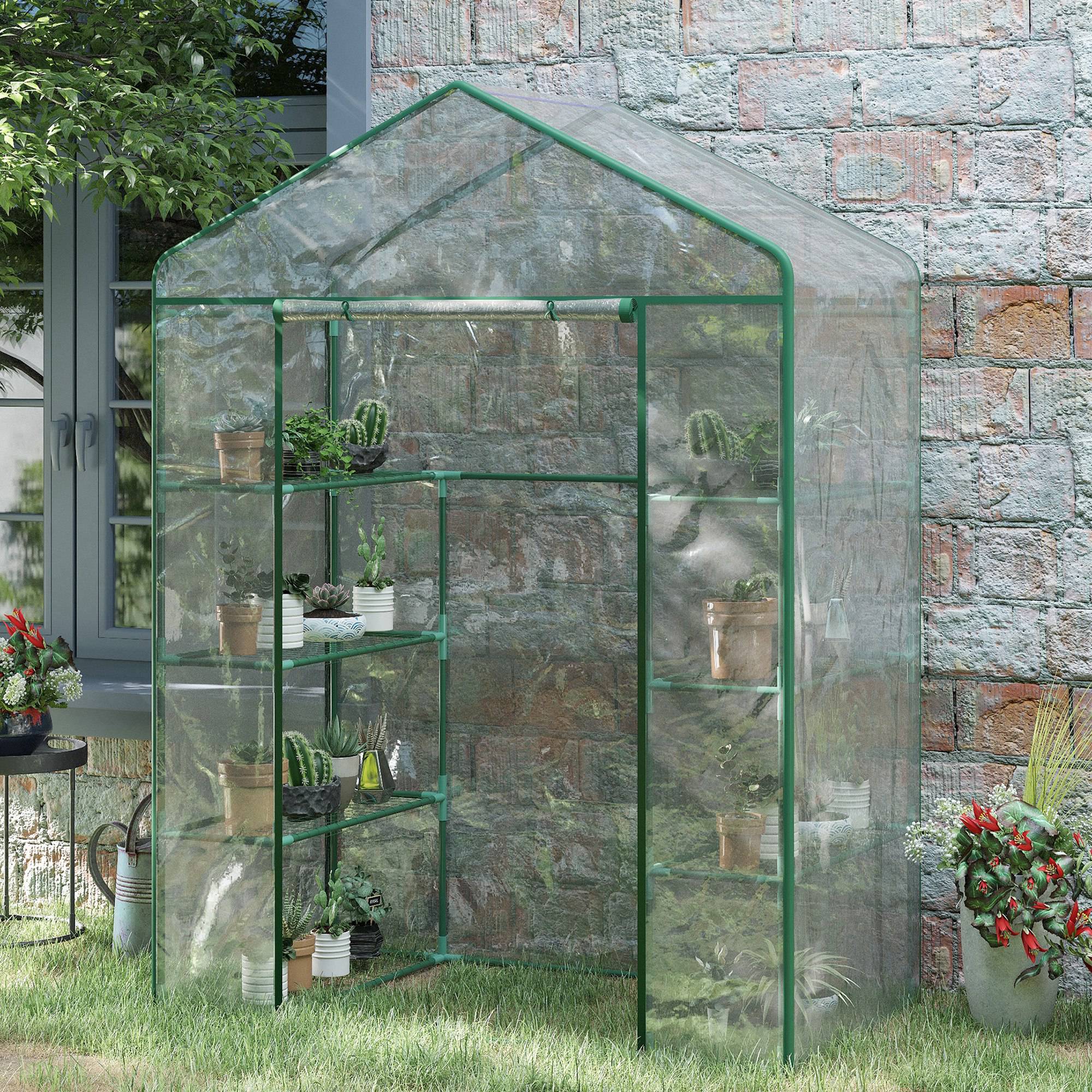 56" x 29" x 77" Portable Walk-in Greenhouse Garden Flower Plant Growing Warm House w/ 4 Tier Shelves and Roll Up Zippered Door, Transparent