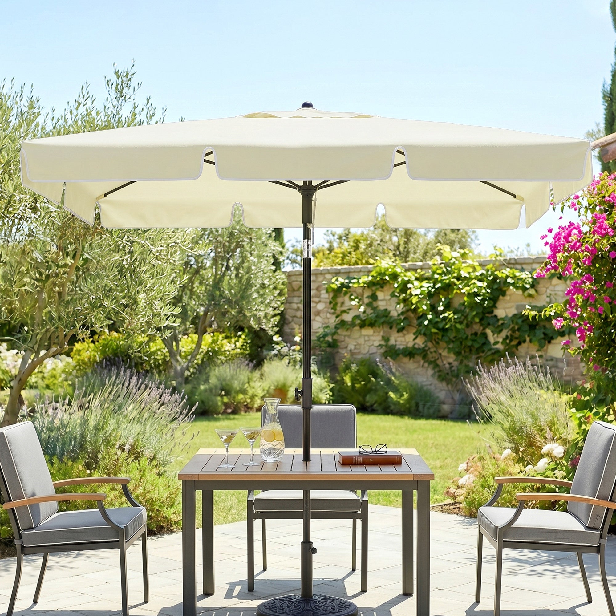 6.5x4ft Rectangle Patio Umbrella Aluminum Tilt Adjustable Garden Parasol  Sun Shade Outdoor Canopy Cream White