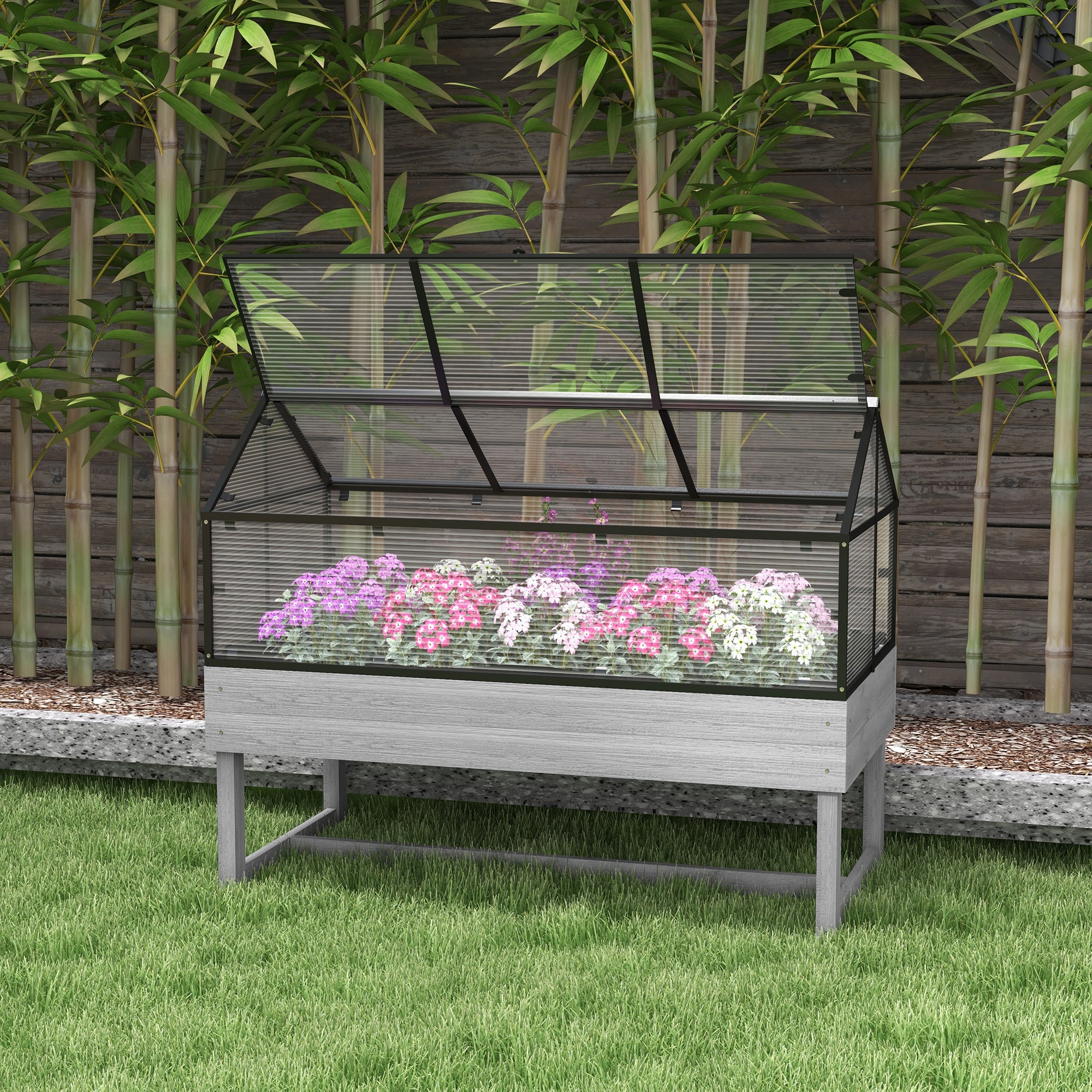 Wood Elevated Planter Box with Cold Frame Greenhouse, Raised Garden Bed for Vegetables, Flowers, Herbs, Distressed Grey