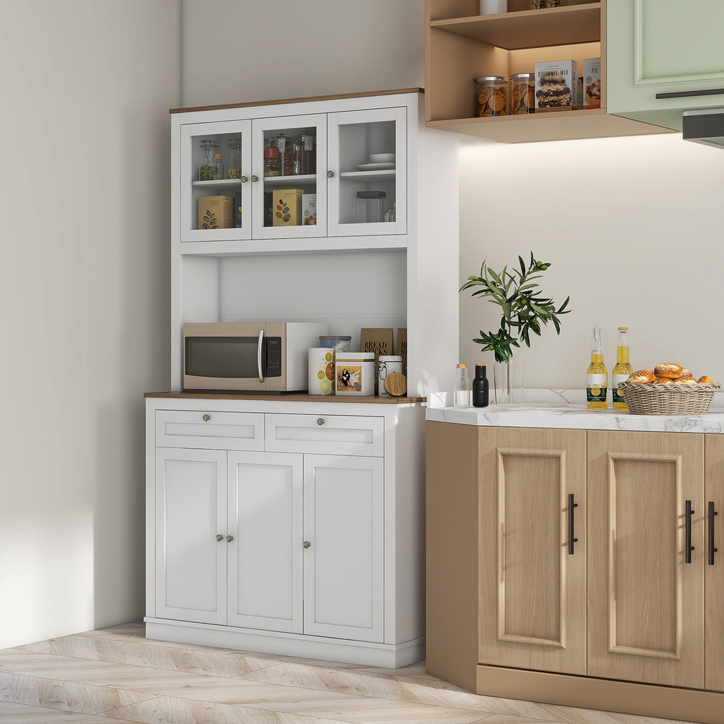 71" Pantry Cabinet with Microwave Space, Kitchen Cabinet with Hutch, 2 Drawers, Adjustable Shelves, Glass Doors, White