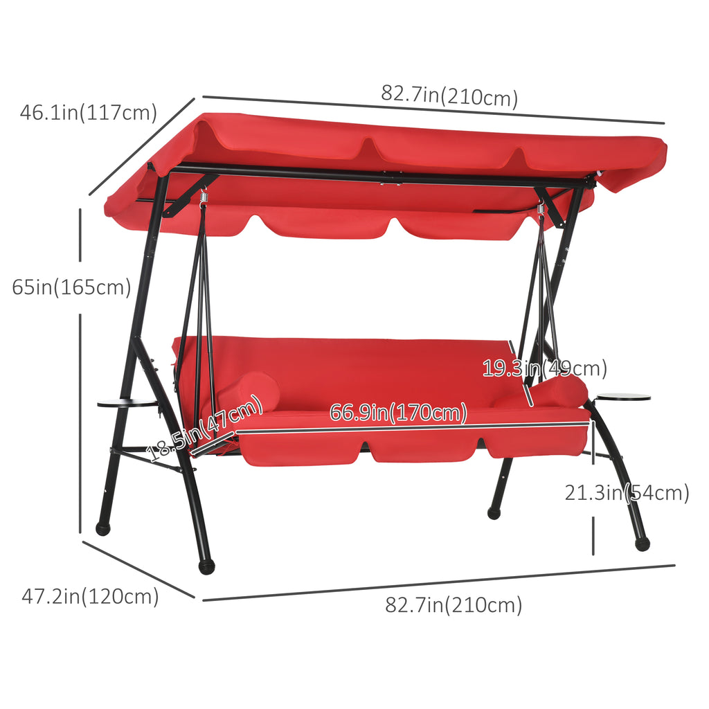 3-Seat Outdoor Patio Swing Chair, 2-in-1 Convertible Flat Bed, Canopy Swing Glider w/ Adjustable Shade, Removable Cushion and Pillows for Porch, Garden, Poolside