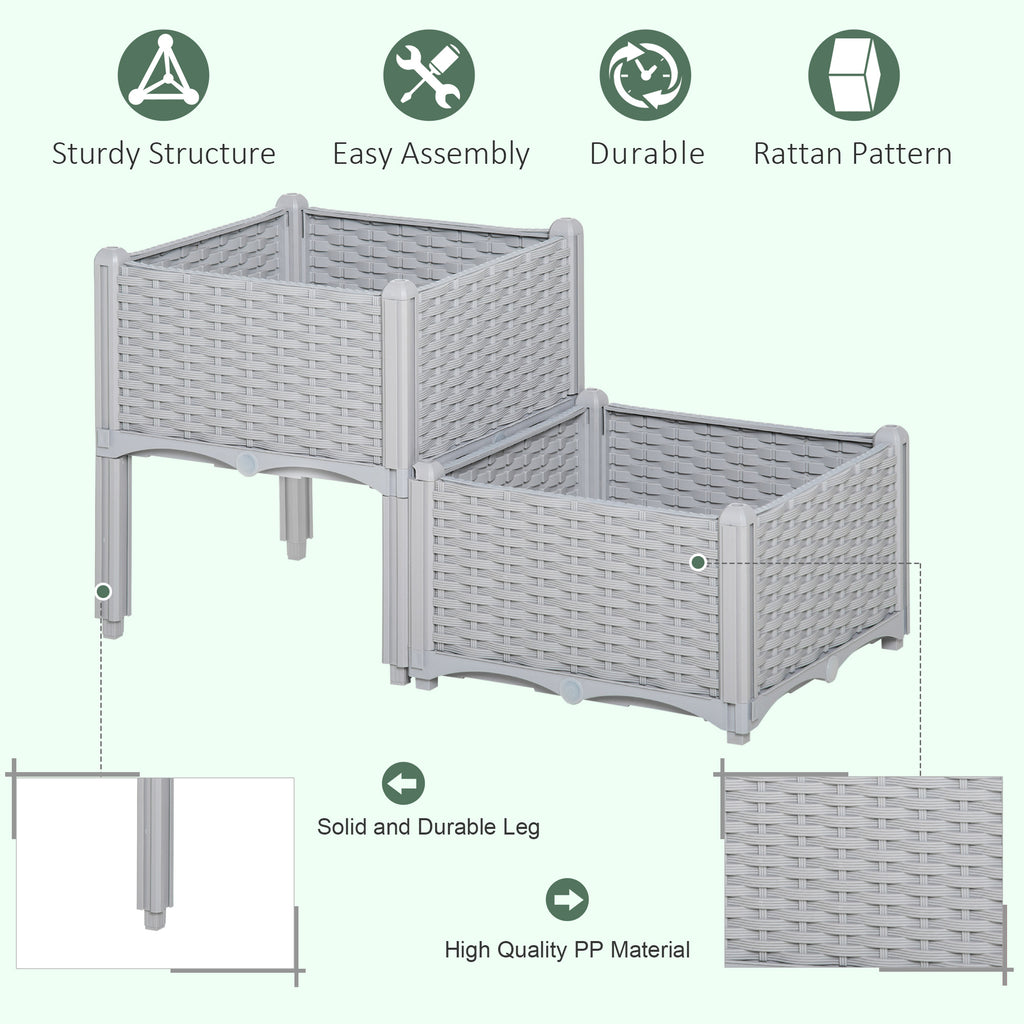2 Piece Raised Garden Bed PP Raised Flower Bed Vegetable Herb Grow Box Stand Light Grey