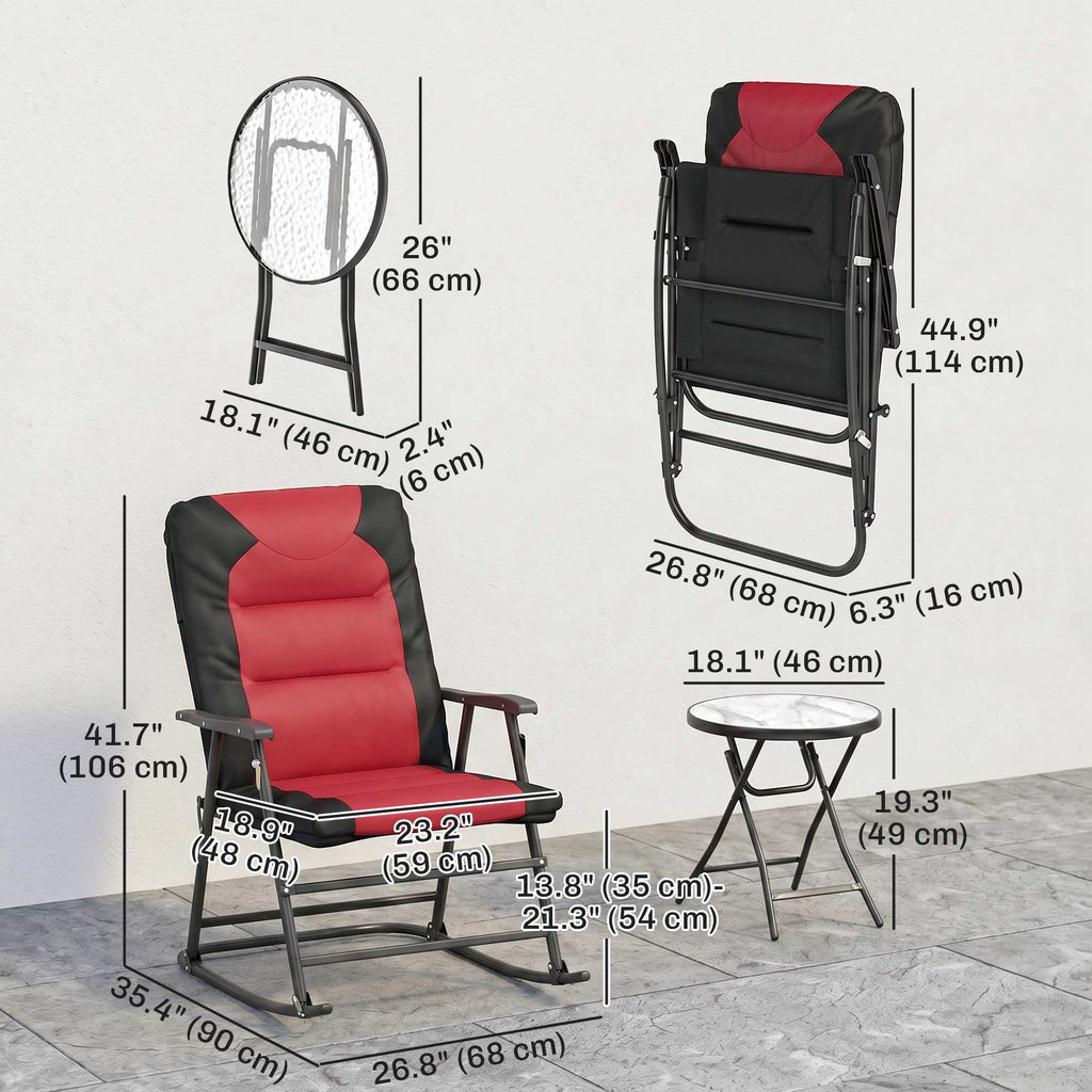 3pc Patio Foldable Rocking Chair Set, Outdoor Rocking Chairs and Table Set w/ Padded Seat, Headrest, Backrest for Backyard, Garden, Red