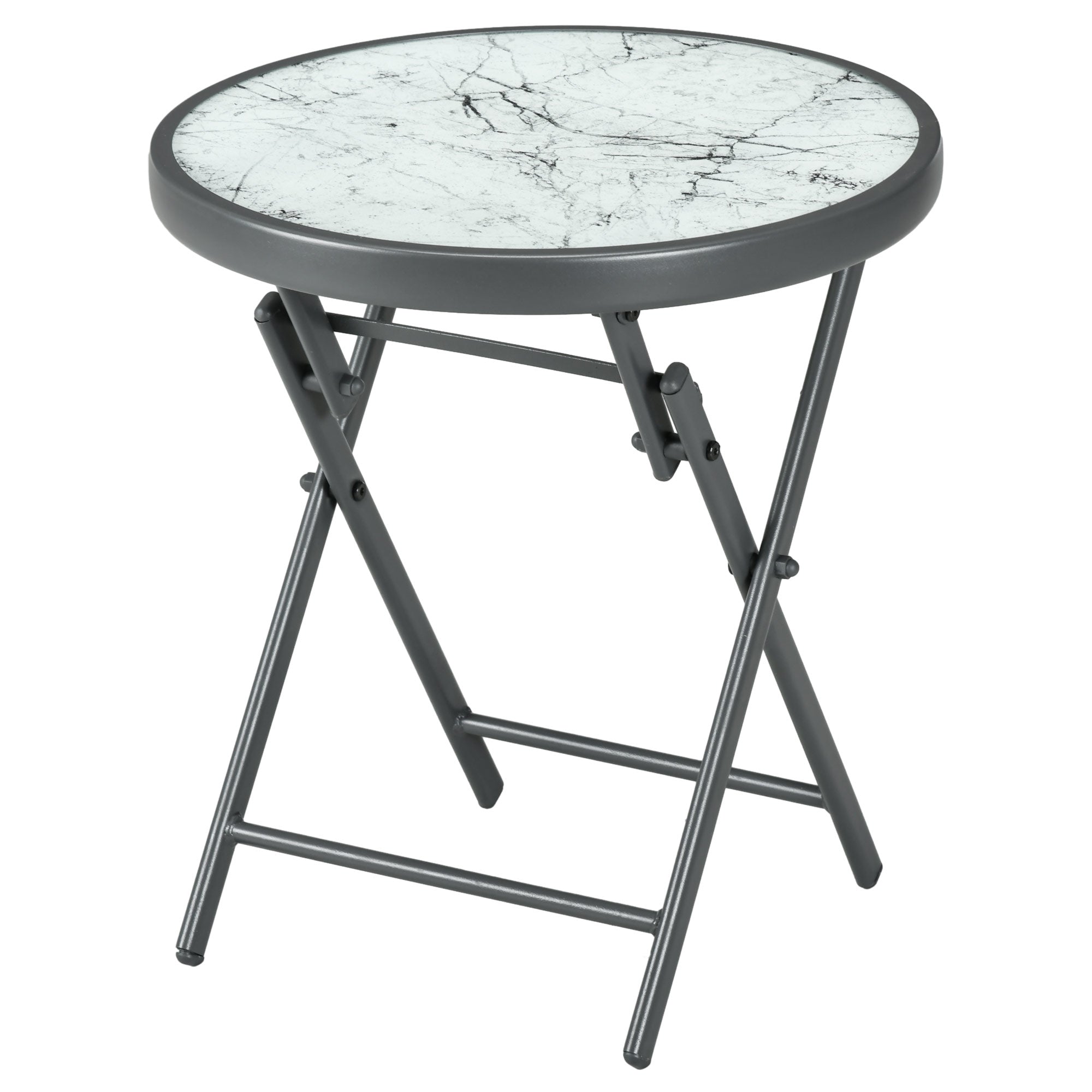 18" Outdoor Round Folding Table, Garden Side Table with Tempered Glass Top for Camping, Party, Weddings, White