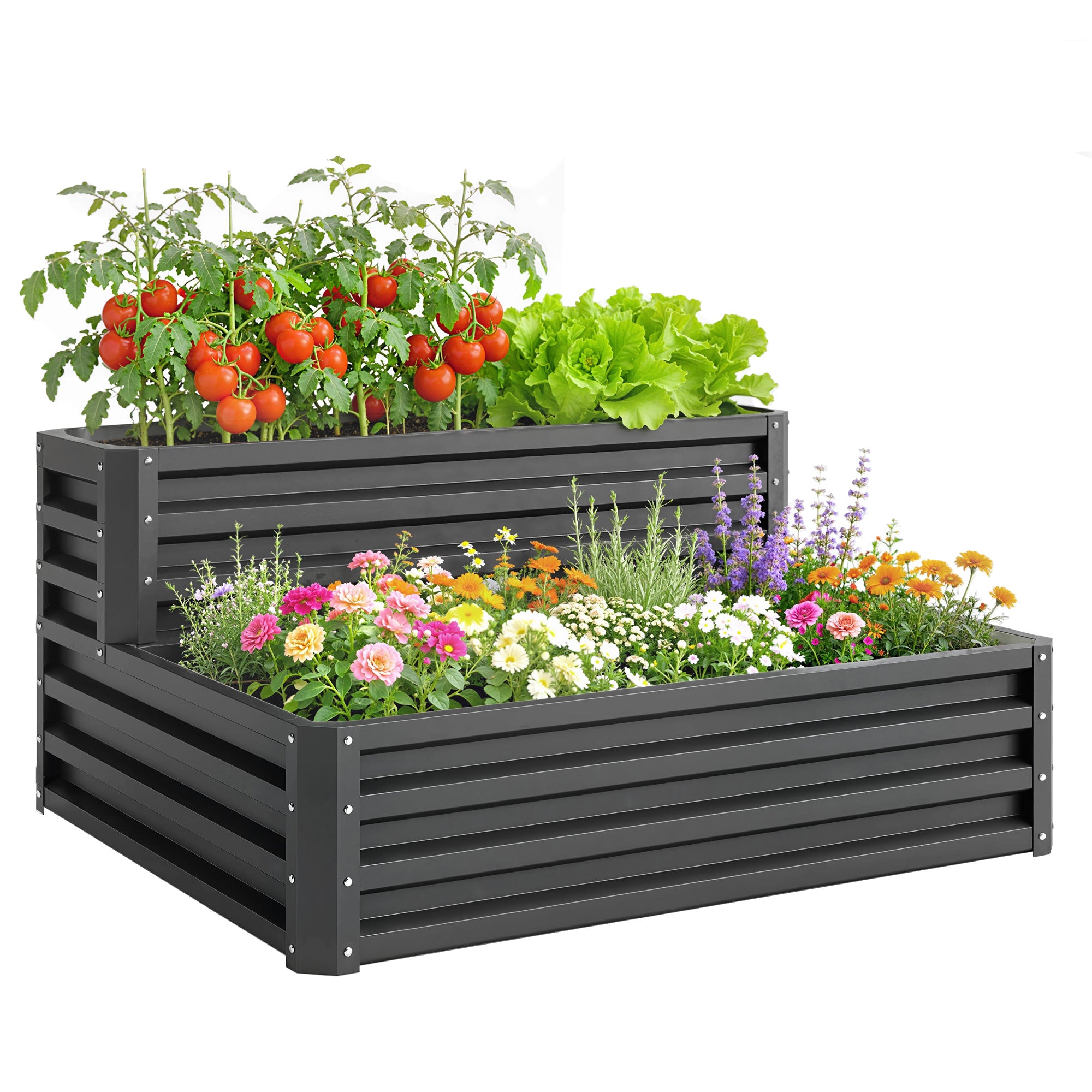 2 Tier Raised Garden Bed, 47" x 40" x 23" Galvanized Steel Planter Box for Vegetables, Flowers, and Herbs, Dark Grey