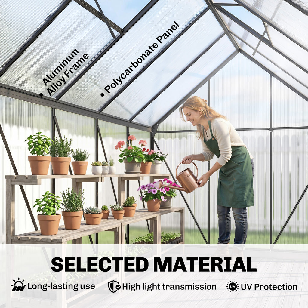 6' x 12' x 6.5' Polycarbonate Greenhouse, Walk-in Green House with Aluminum Frame Adjustable Roof Vent Galvanized Base Sliding Door Rain Gutter for Outdoor Garden, Grey
