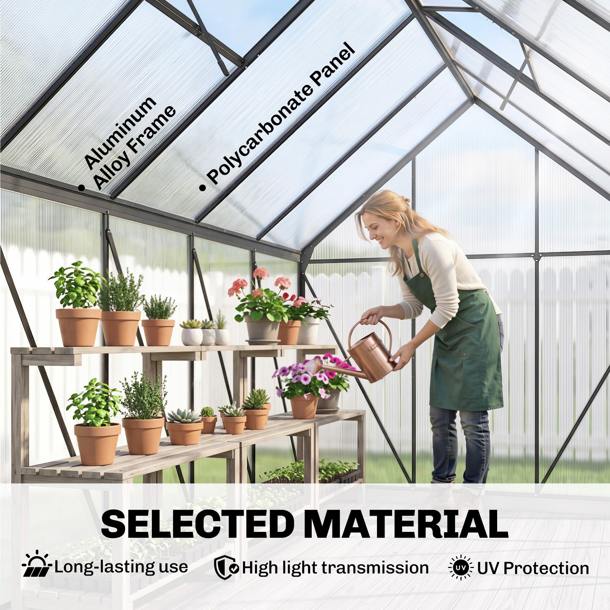 6' x 12' x 6.5' Polycarbonate Greenhouse, Walk-in Green House with Aluminum Frame Adjustable Roof Vent Galvanized Base Sliding Door Rain Gutter for Outdoor Garden, Grey