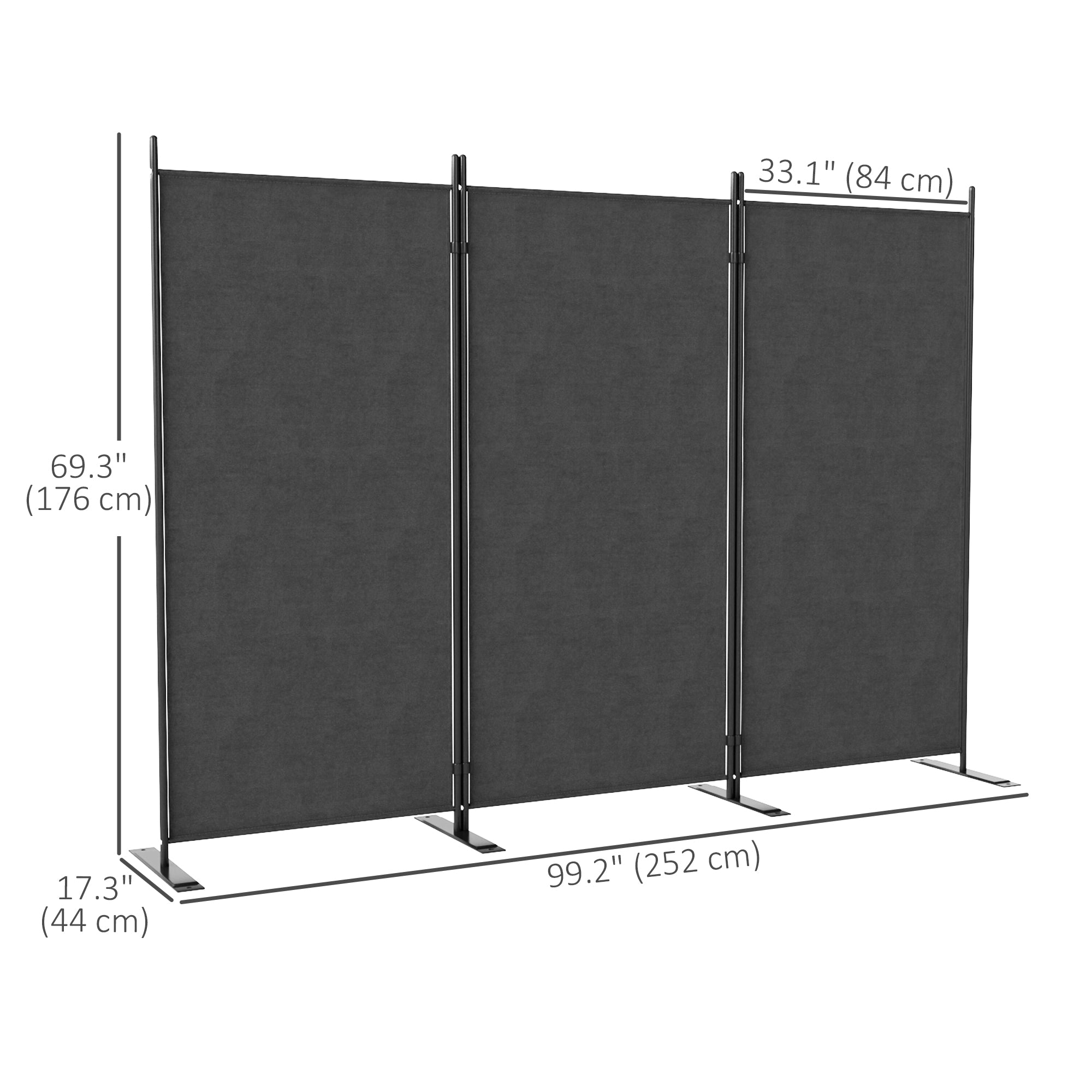 3 Panel Folding Outdoor Privacy Screen, 5.8FT Tall Room Divider with UV30+ Protection, Freestanding Privacy Panel Partition with Stable Base for Indoor Outdoor, Dark Grey