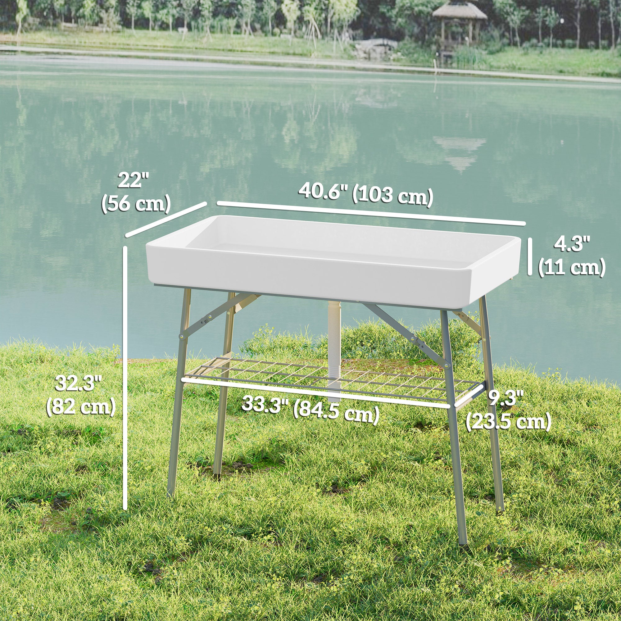 3.4ft Folding Ice Cooler Table with Drain, Outdoor Patio Party Cooler for Drinks, Fishing Cleaning Table with Storage Shelf for Picnic BBQ Camping Wedding, White
