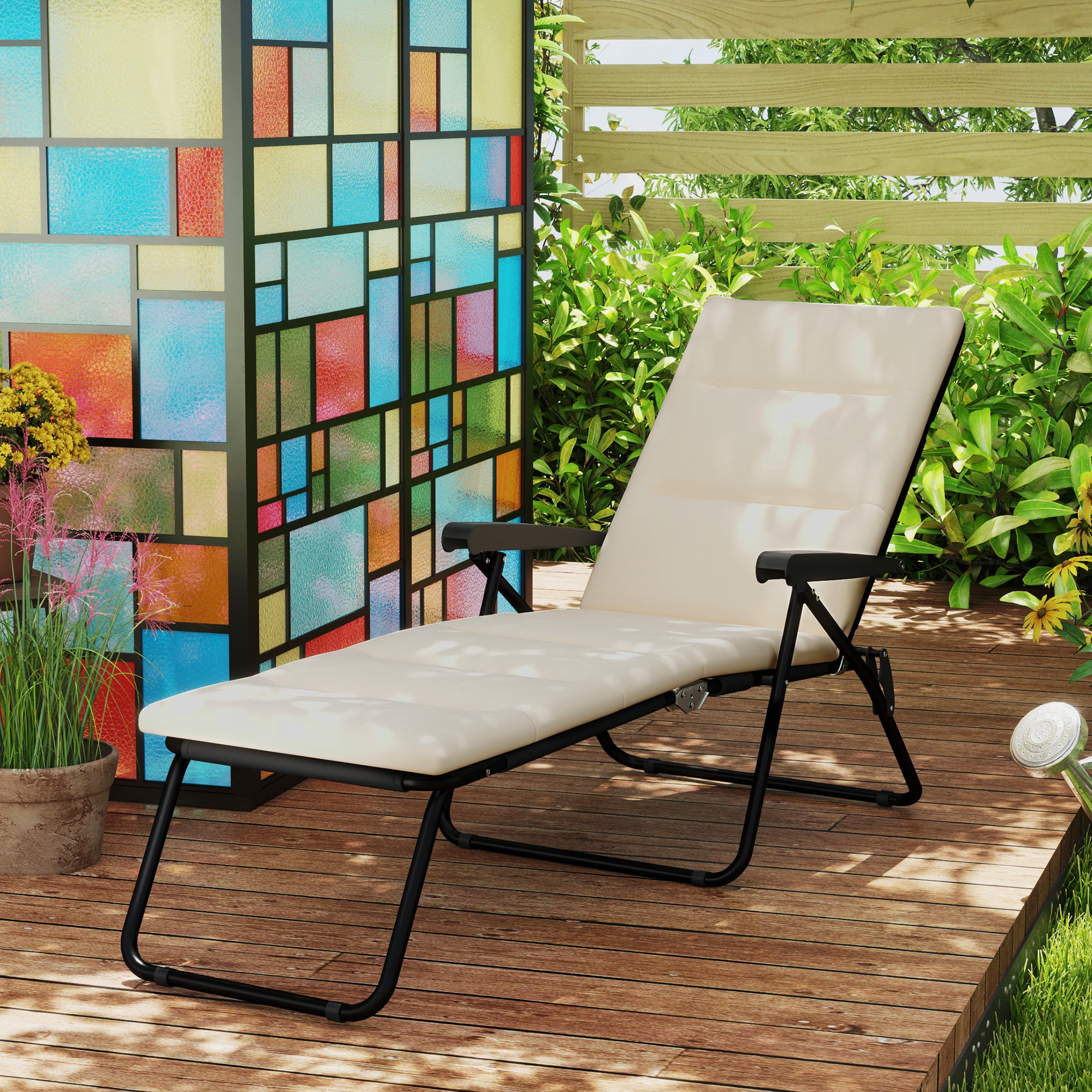 Foldable Lounge Chair, Reclining Patio Sun Lounger with 6-Position Adjustable Back, Beige