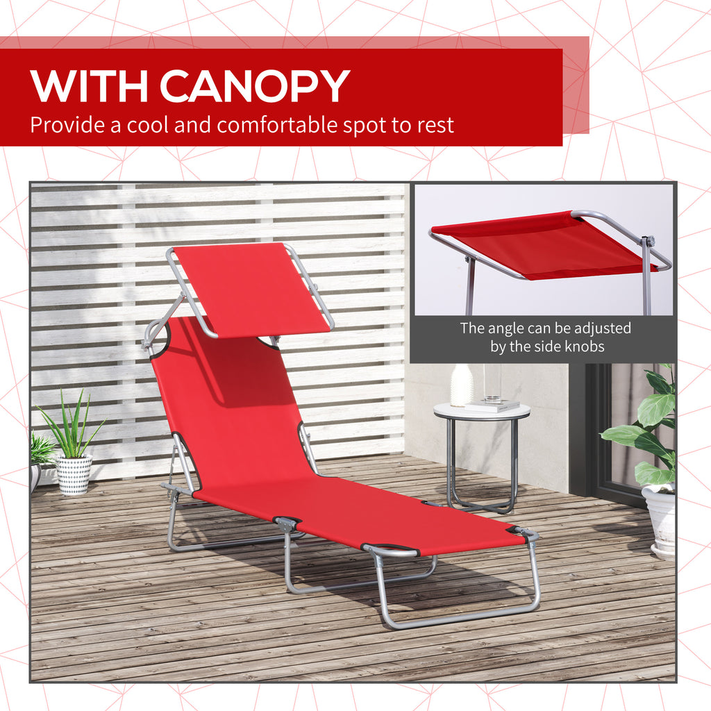 Outdoor Lounge Chair, Adjustable Folding Chaise Lounge, Tanning Chair with Sun Shade for Beach, Camping, Hiking, Backyard, Red