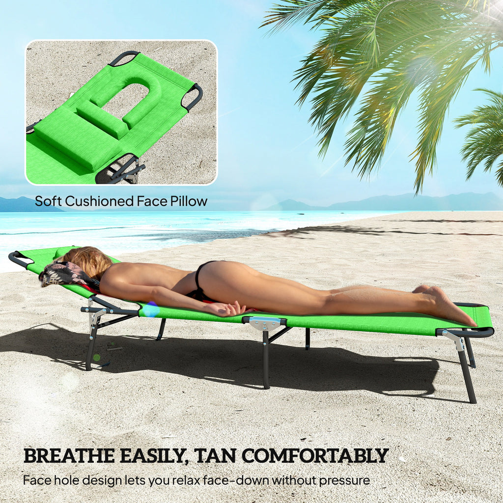 Folding Lounge Chair Set of 2, Reclining Beach Tanning Chair with Face Hole, Pillow, 4-Position Adjustable Flat Sun Lounger, Steel Frame for Outdoor Patio Pool, Green