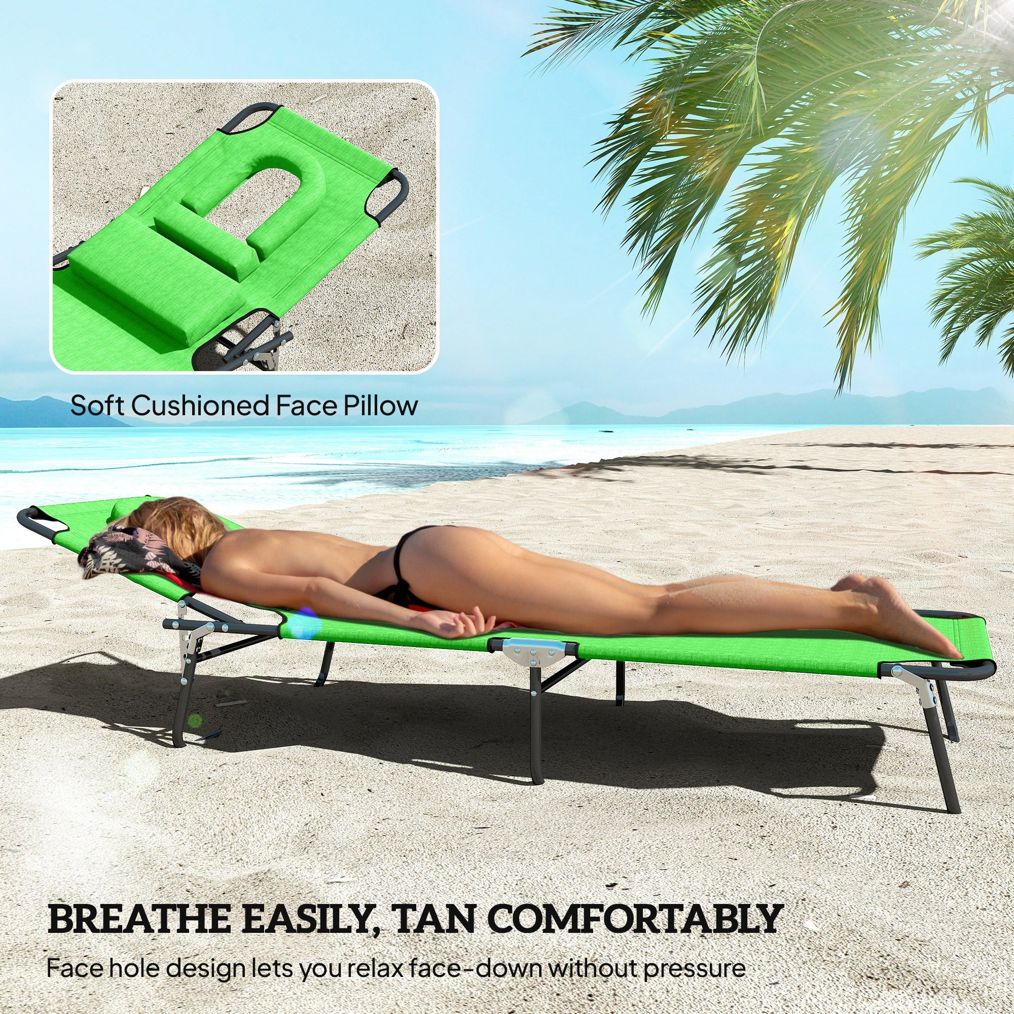 Folding Lounge Chair Set of 2, Reclining Beach Tanning Chair with Face Hole, Pillow, 4-Position Adjustable Flat Sun Lounger, Steel Frame for Outdoor Patio Pool, Green