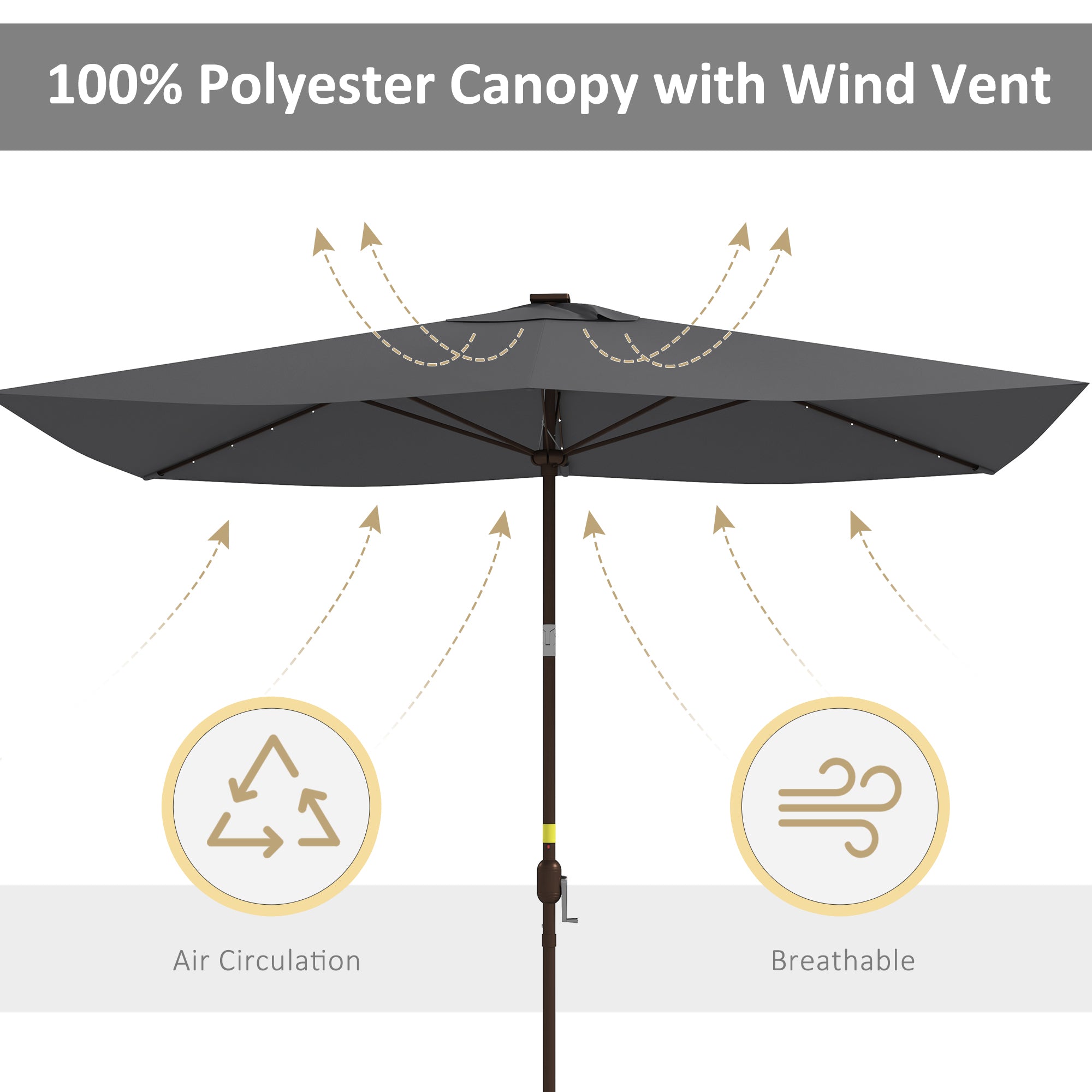 6.5x10ft Patio Umbrella Tilt Aluminum Outdoor Market Parasol with Solar Powered LEDs, Crank - Dark Grey