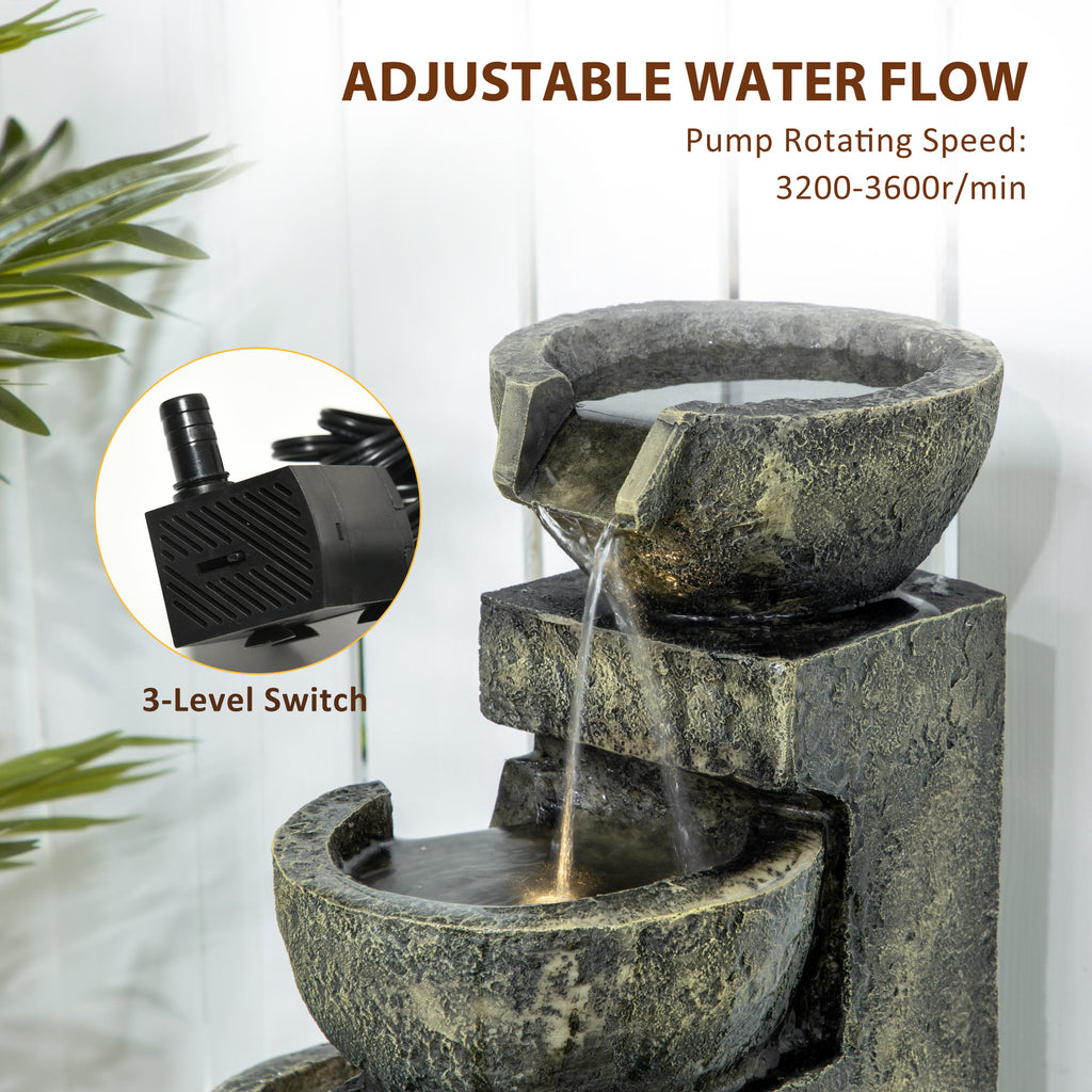 Outdoor Fountain Cascading Waterfall with 4-Tier Stone Look Bowls, Adjustable Flow & LED Lights for Patio Garden
