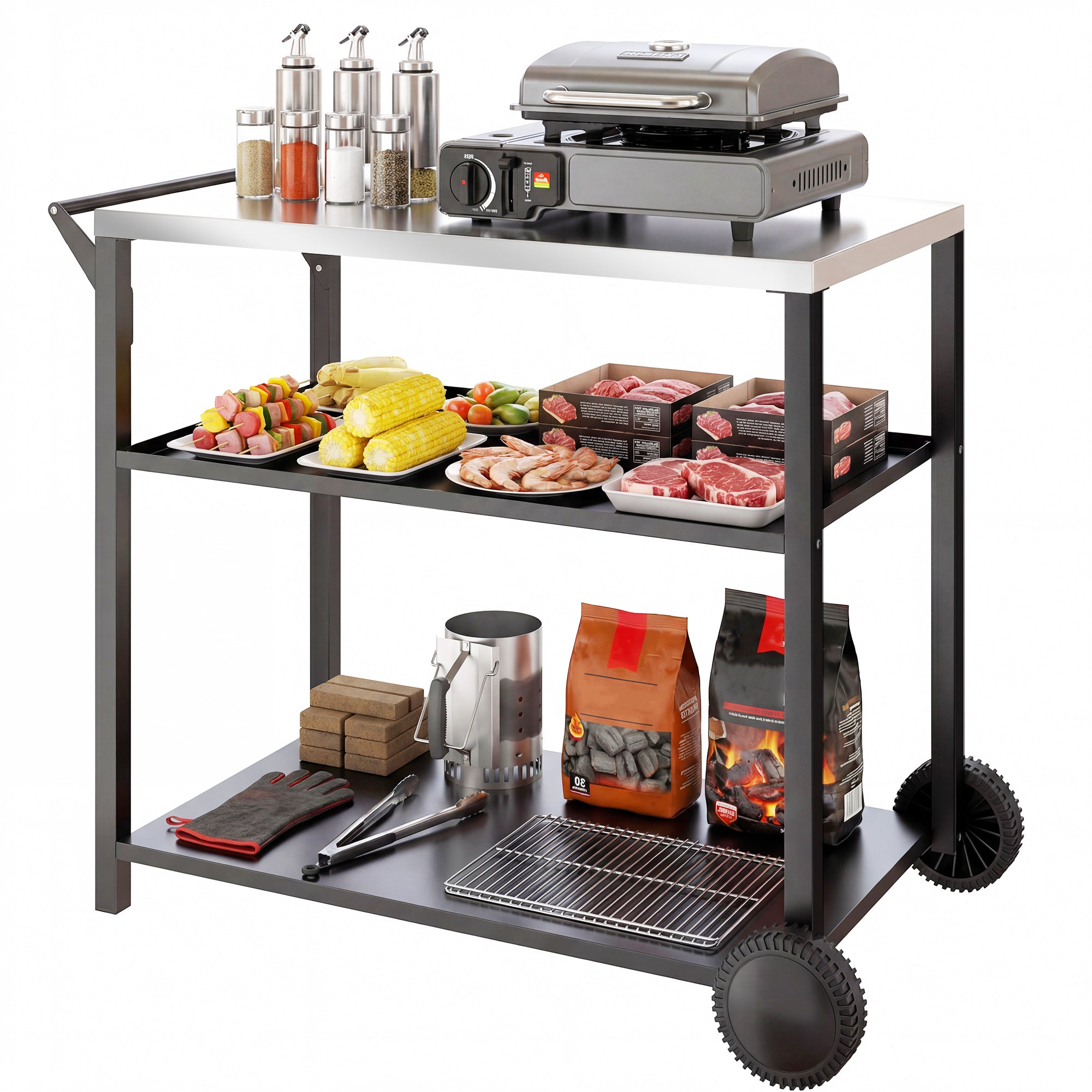Outdoor Grill Cart with Stainless Steel Top, Three-Tier Pizza Oven Stand, BBQ Cart on Wheels, Black