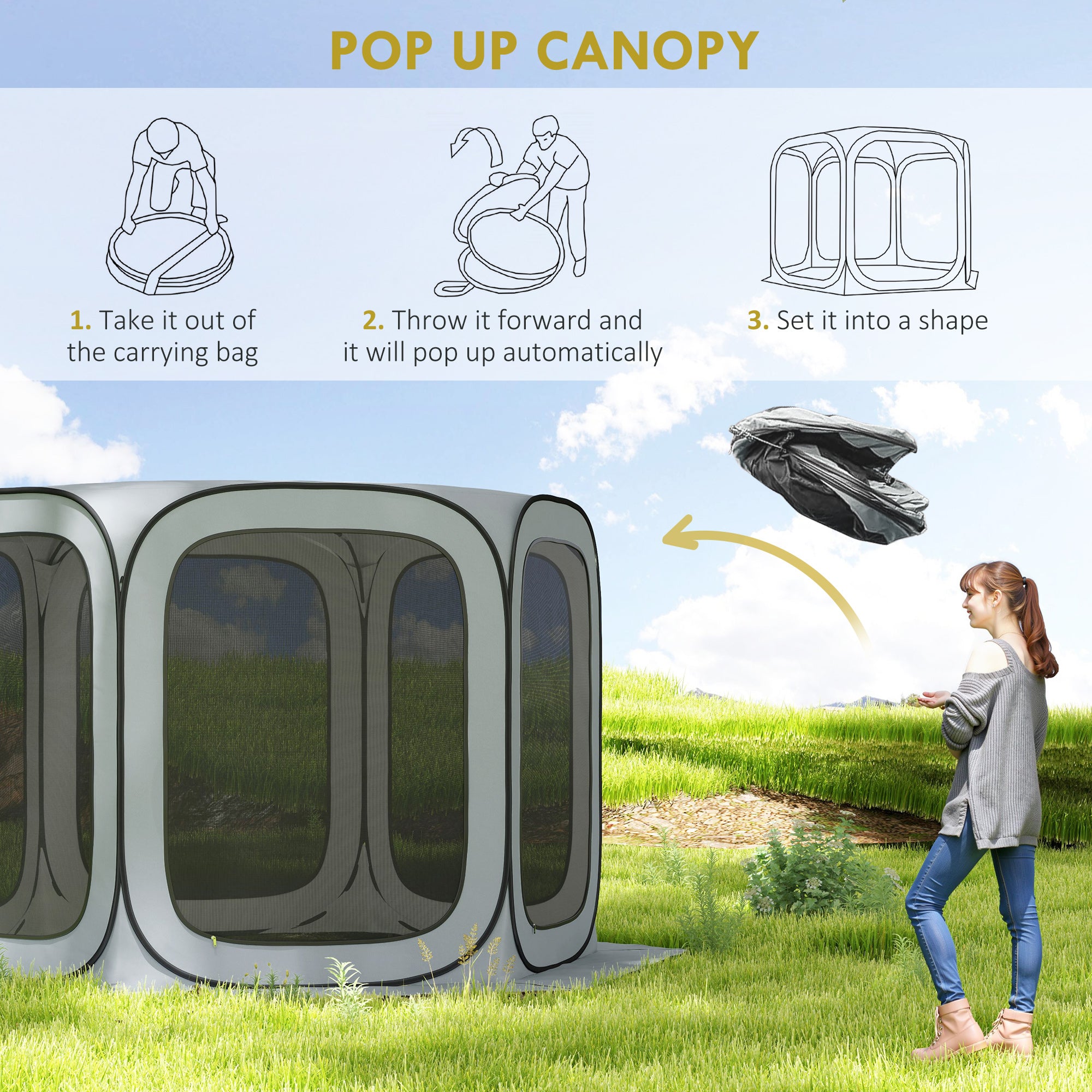 11 x 11ft Pop Up Screen Tent, UPF50+ Portable Camping Gazebo Screen House with Carry Bag, Light Grey
