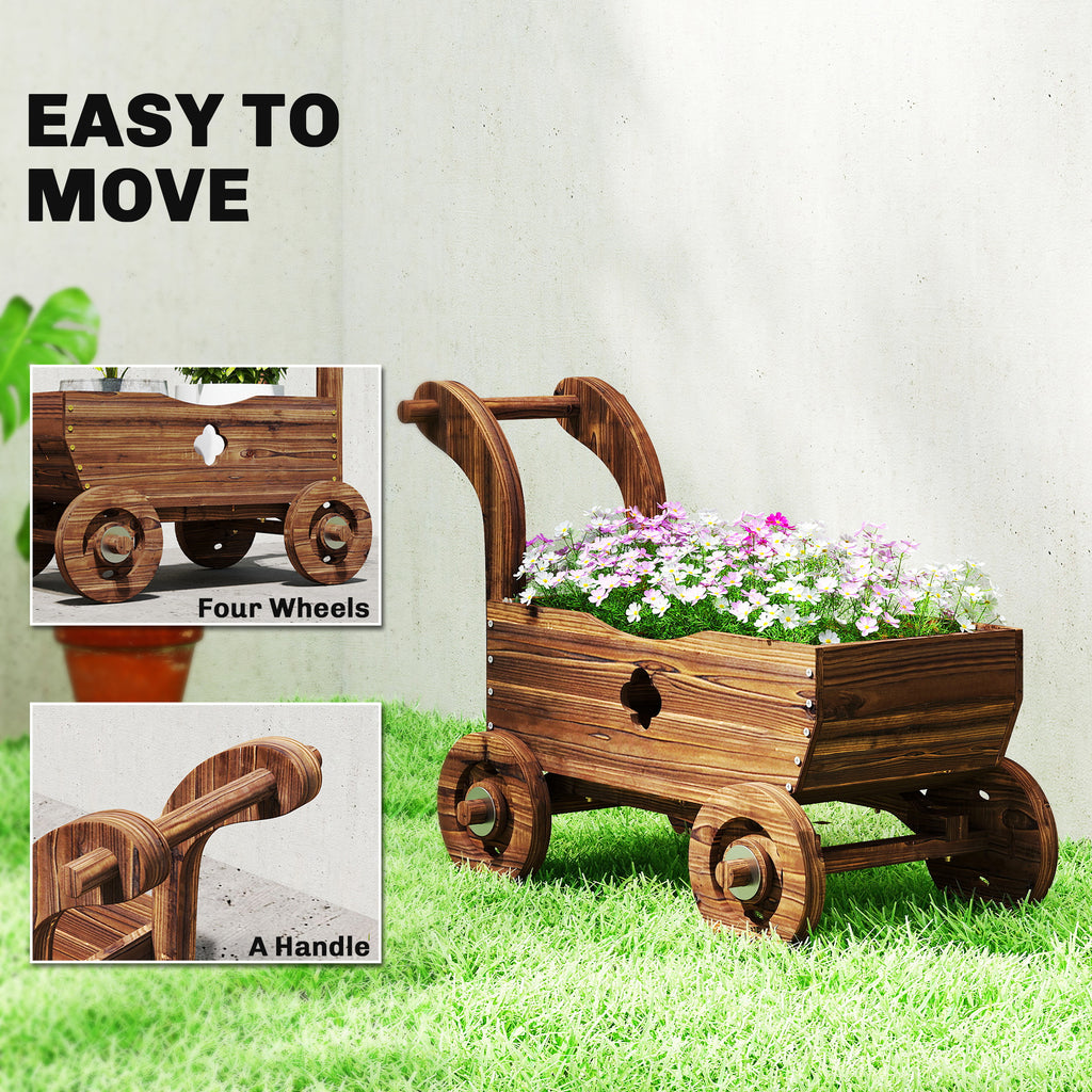 Wagon Flower Planter Cart with Wheels, Garden Wagon with Handle for Outdoor Patio Yard, Carbonized