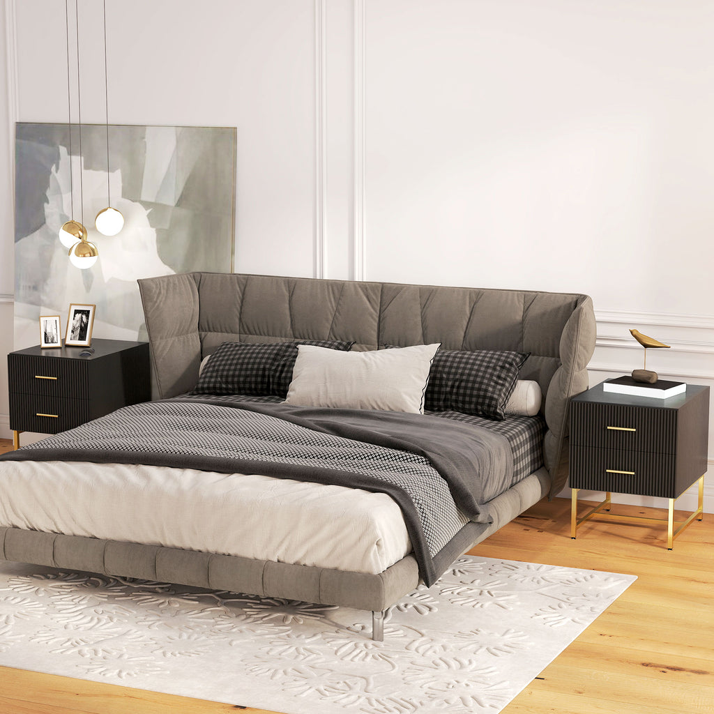 2 Pieces Nightstands with Storage, Modern Bedside Tables with 2 Fluted Drawers and Gold Legs for Bedroom, Black