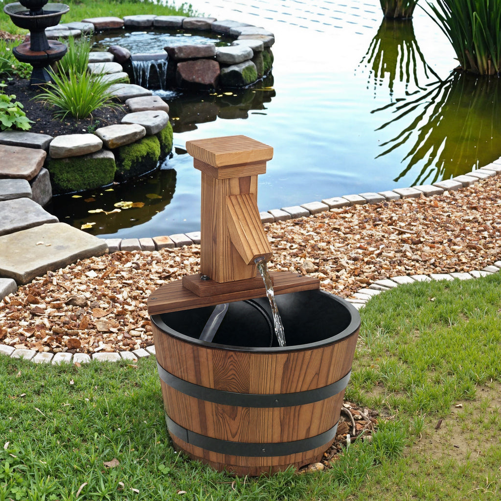 Outdoor Waterfall Fountain, Garden Wood Barrel, Carbonized