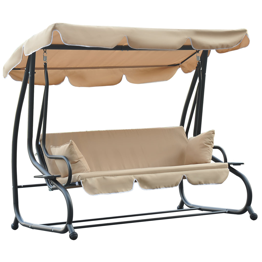 3-Seat Outdoor Patio Swing Chair, 2-in-1 Convertible Flat Bed, Canopy Swing with Adjustable Shade, Removable Cushions, Cup Holder, Beige