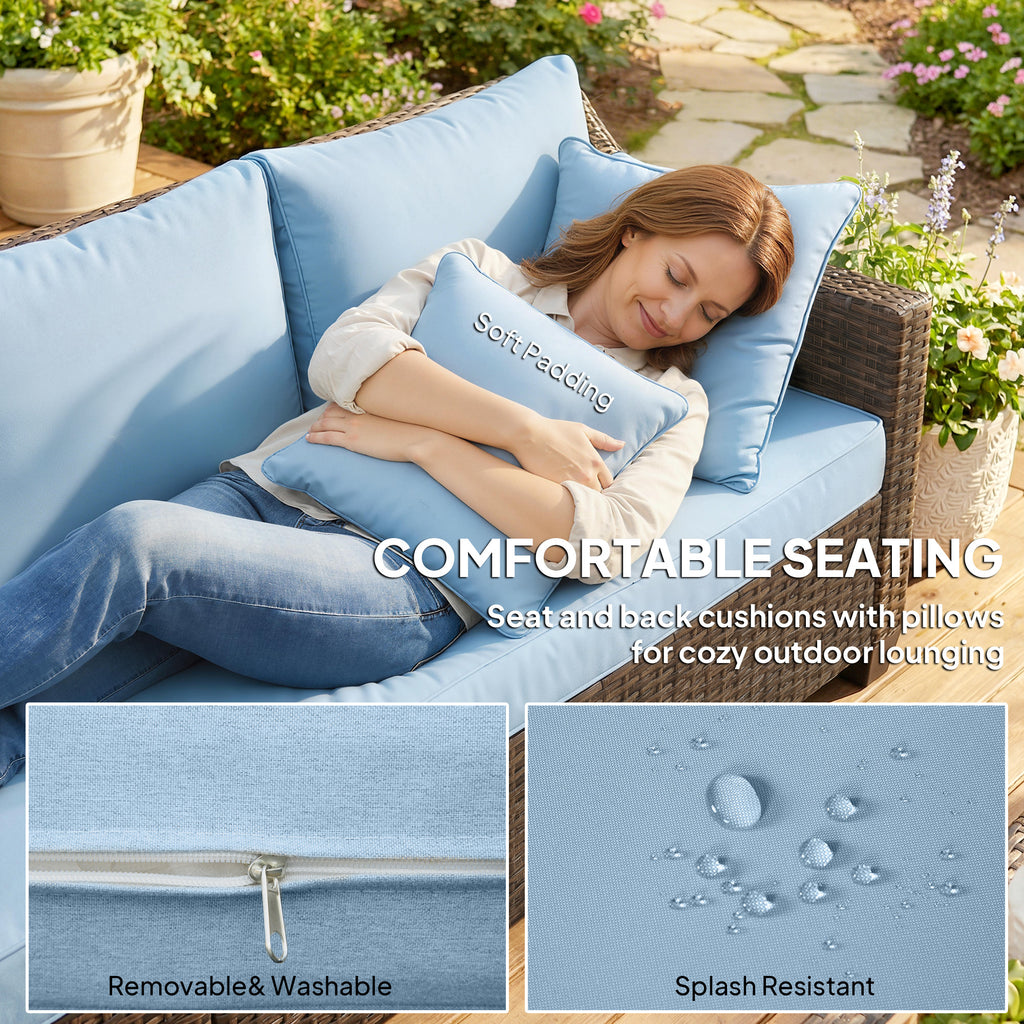 PE Wicker Outdoor Couch Sofa, 4-Seater Modular Patio Furniture Lounge Set with 2 Loveseats, Cushions, Pillows, Blue