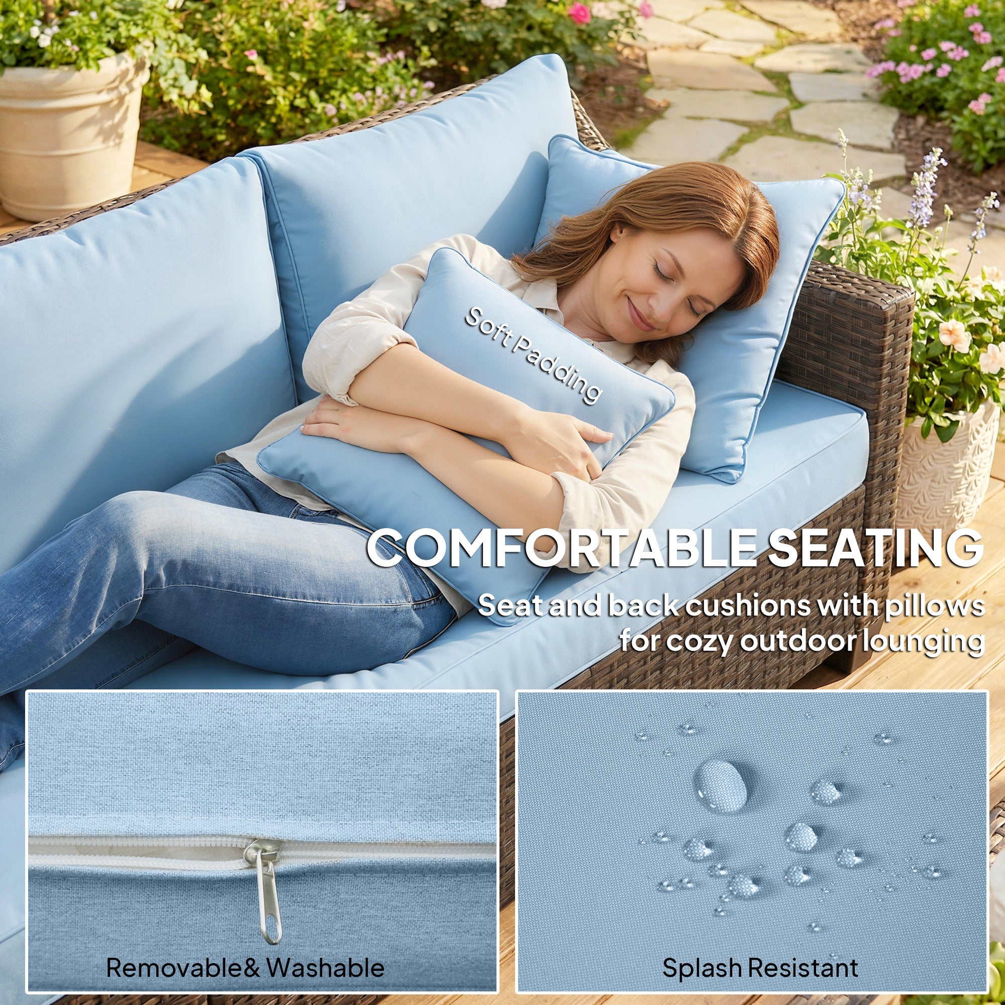 PE Wicker Outdoor Couch Sofa, 4-Seater Modular Patio Furniture Lounge Set with 2 Loveseats, Cushions, Pillows, Blue