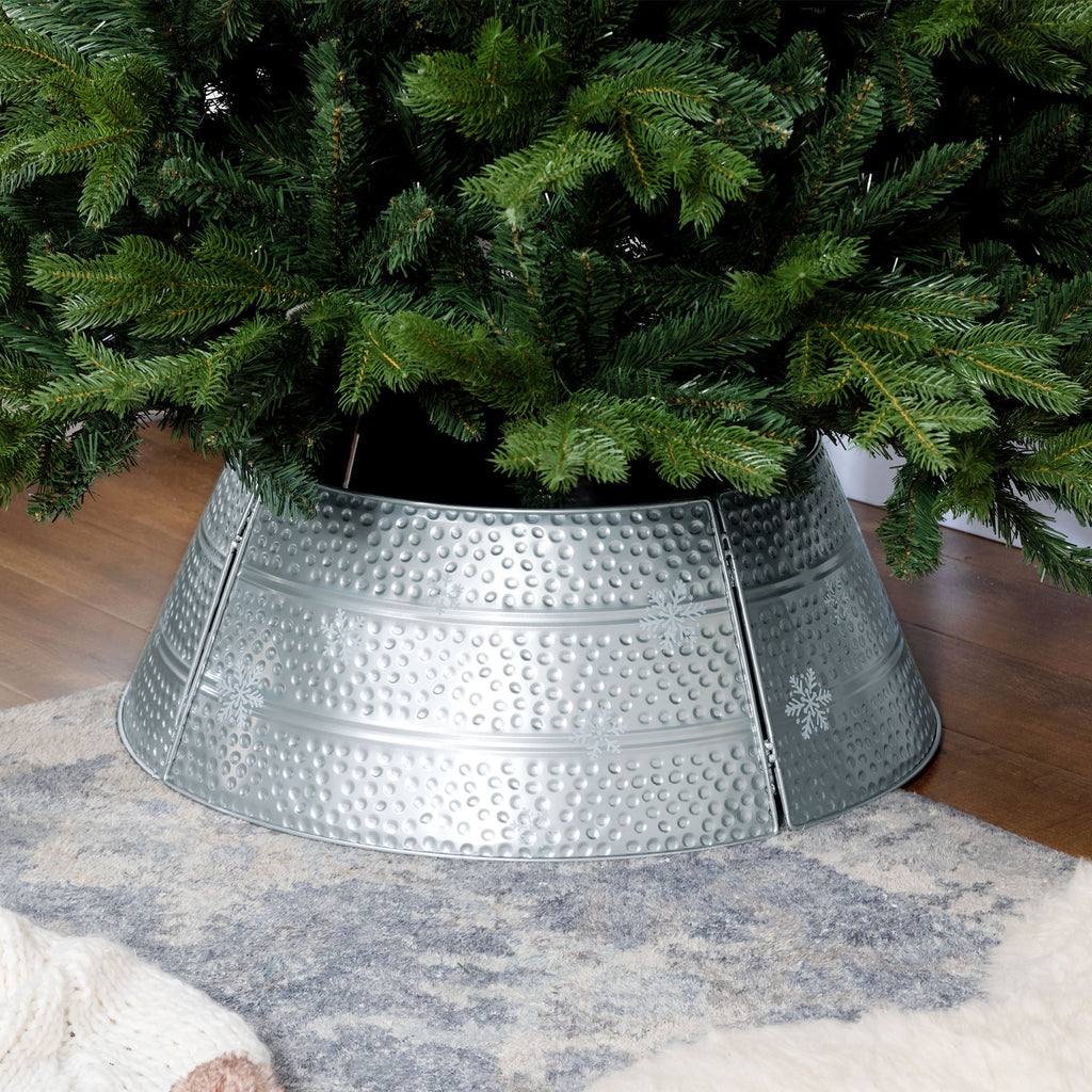 26" Christmas Tree Base Cover, Christmas Tree Collar with Hollow Snowflake Pattern for Holiday, Party, Silver