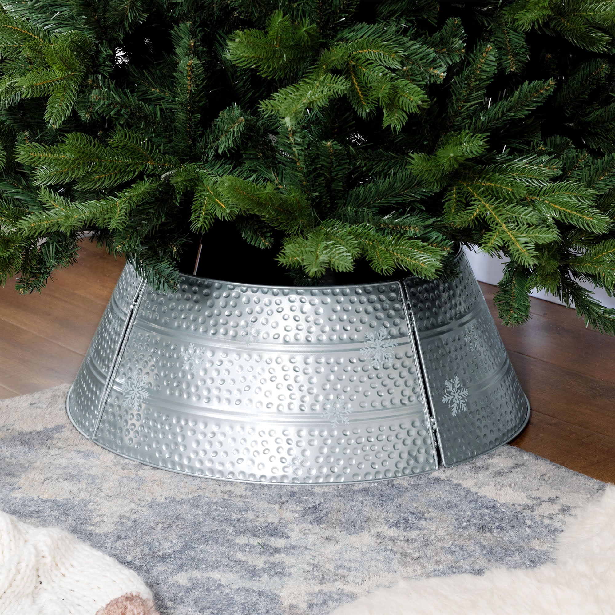 26" Christmas Tree Base Cover, Christmas Tree Collar with Hollow Snowflake Pattern for Holiday, Party, Silver