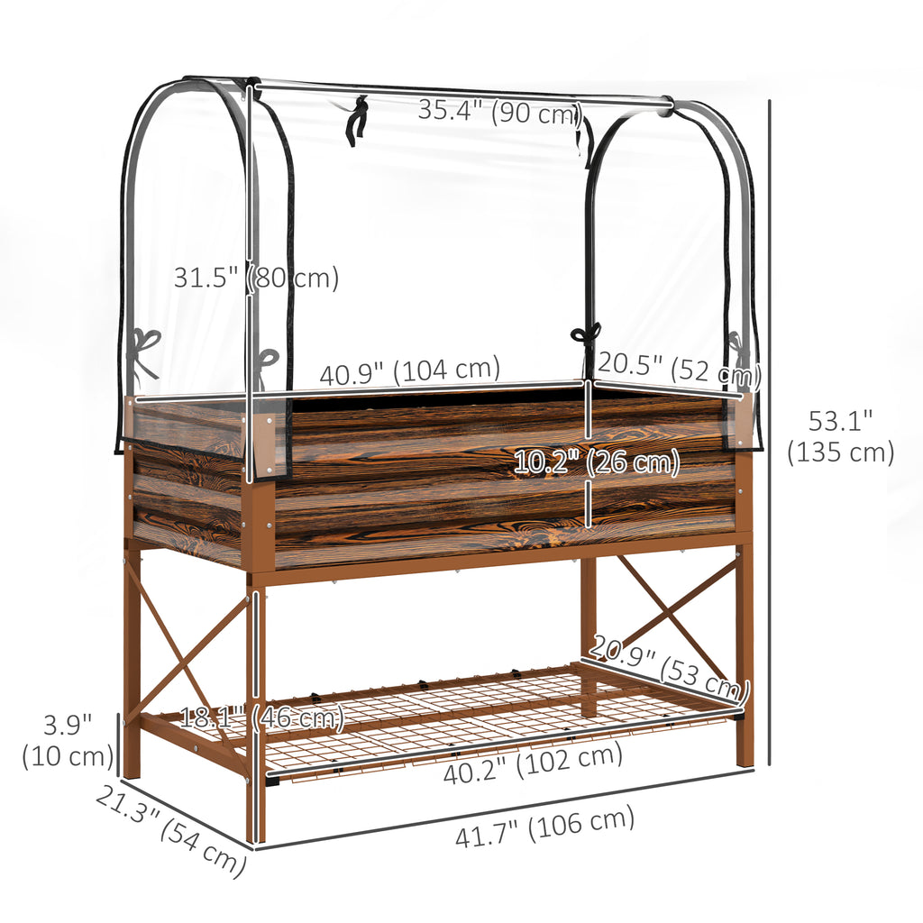Raised Garden Bed with Cover, Metal Elevated Planter Box with Bottom Shelf and Liner, Dark Brown Wood Effect