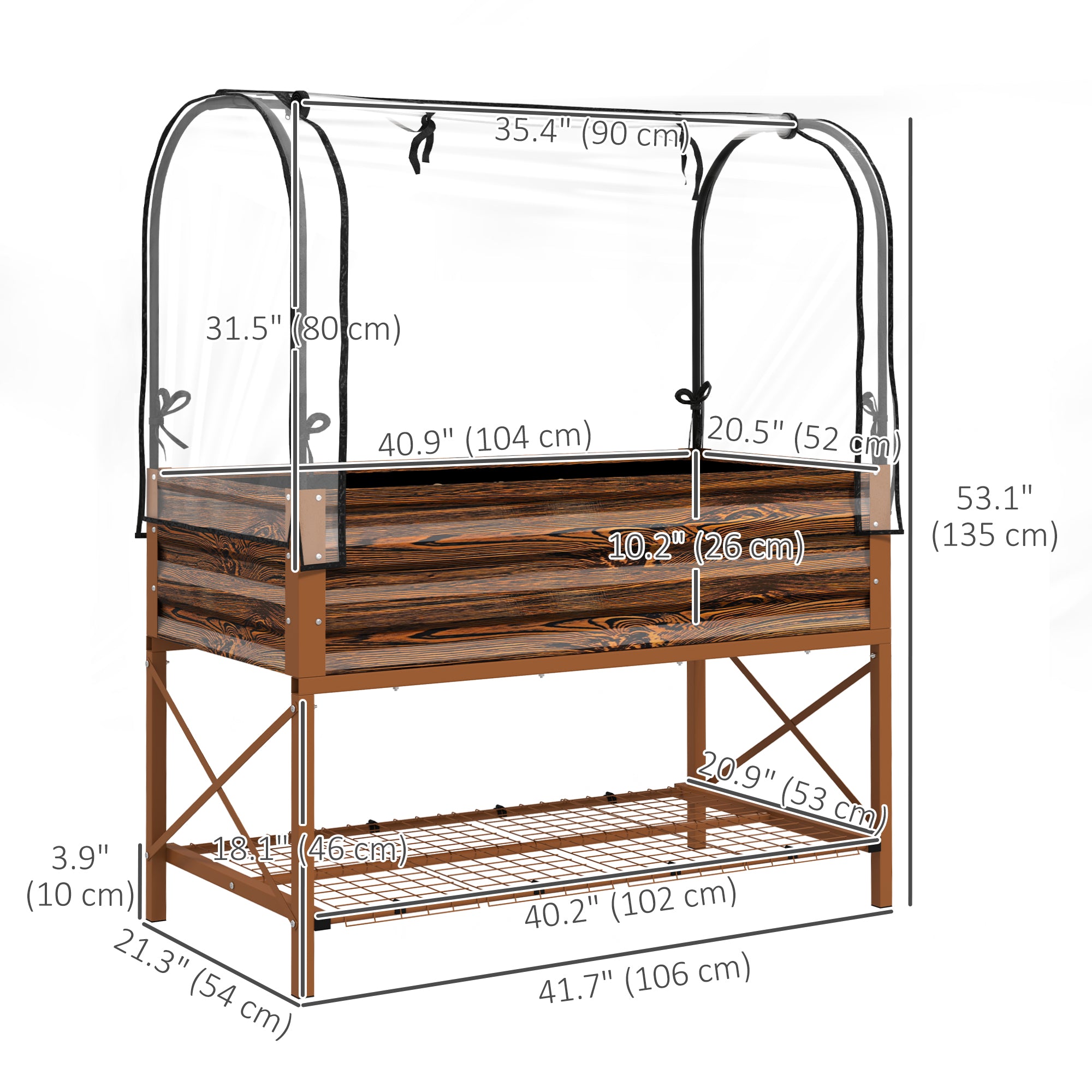 Raised Garden Bed with Cover, Metal Elevated Planter Box with Bottom Shelf and Liner, Dark Brown Wood Effect