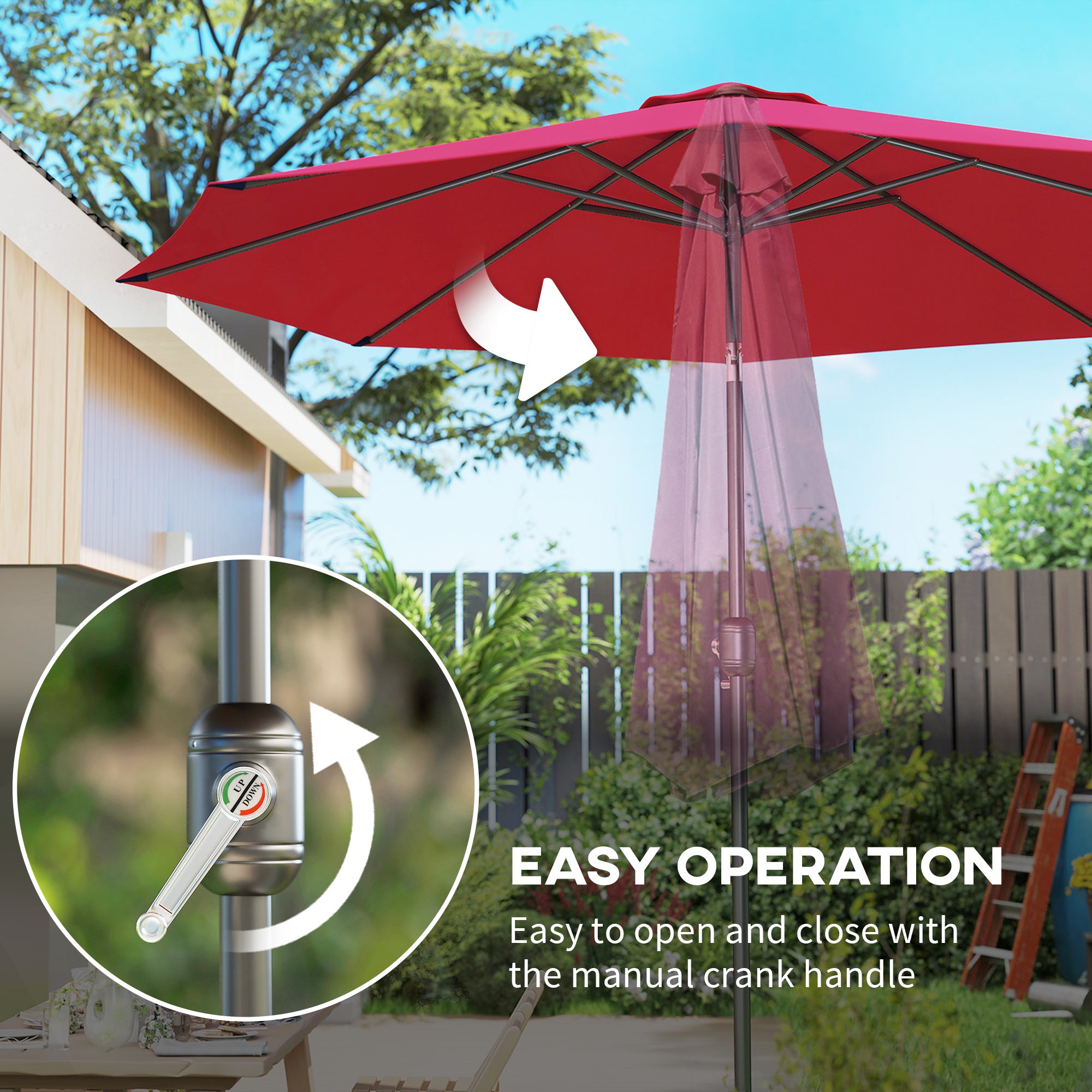 10' x 8' Round Market Umbrella, Patio Umbrella with Crank Handle and Tilt, Outdoor Parasol for Garden, Wine Red
