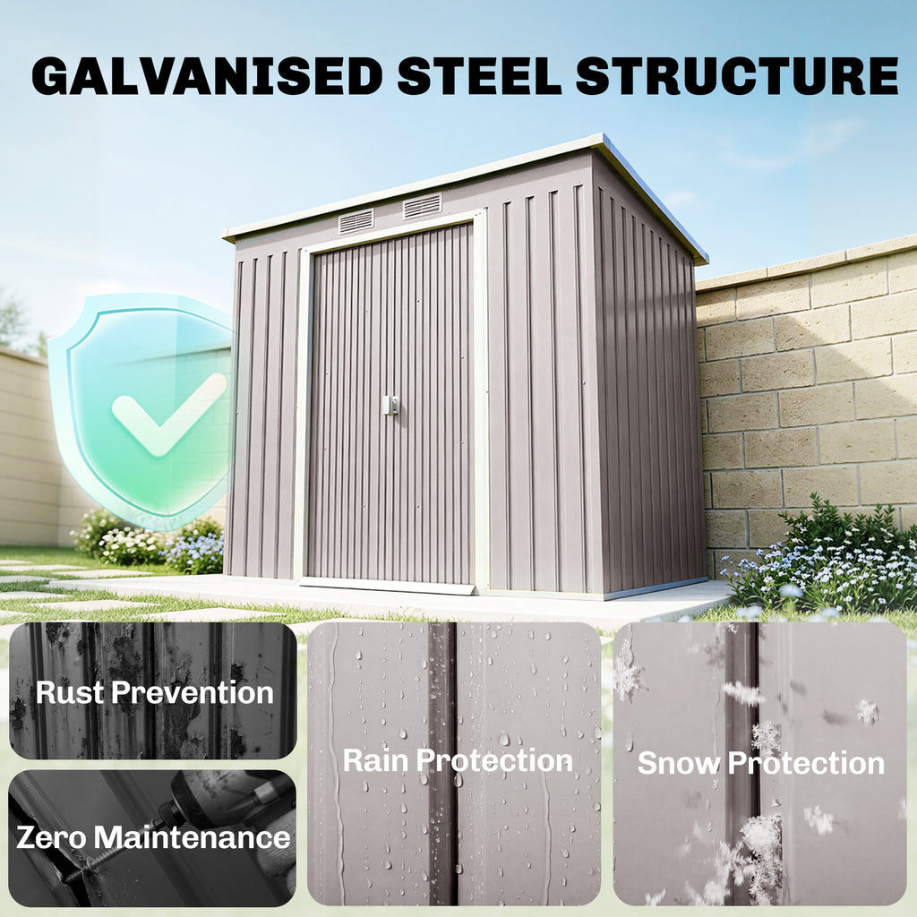 7' x 4' Galvanised Steel Garden Shed, with Foundation Kit - Grey
