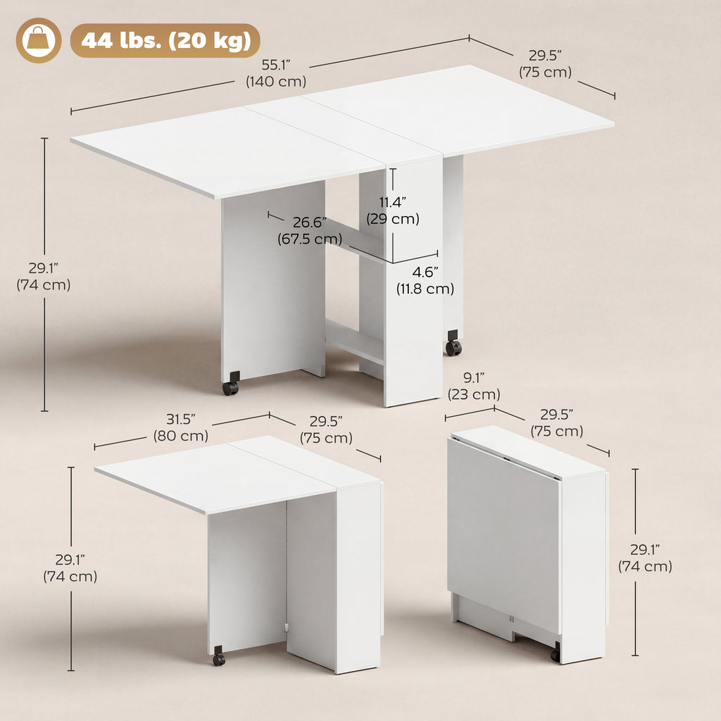 Extendable Dining Table, Collapsible Folding Table w/ 2-tier Shelves and Rolling Casters, White