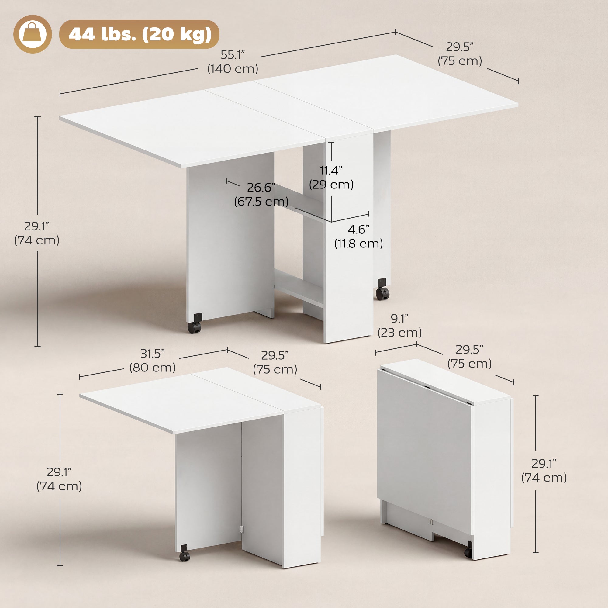 Extendable Dining Table, Collapsible Folding Table w/ 2-tier Shelves and Rolling Casters, White