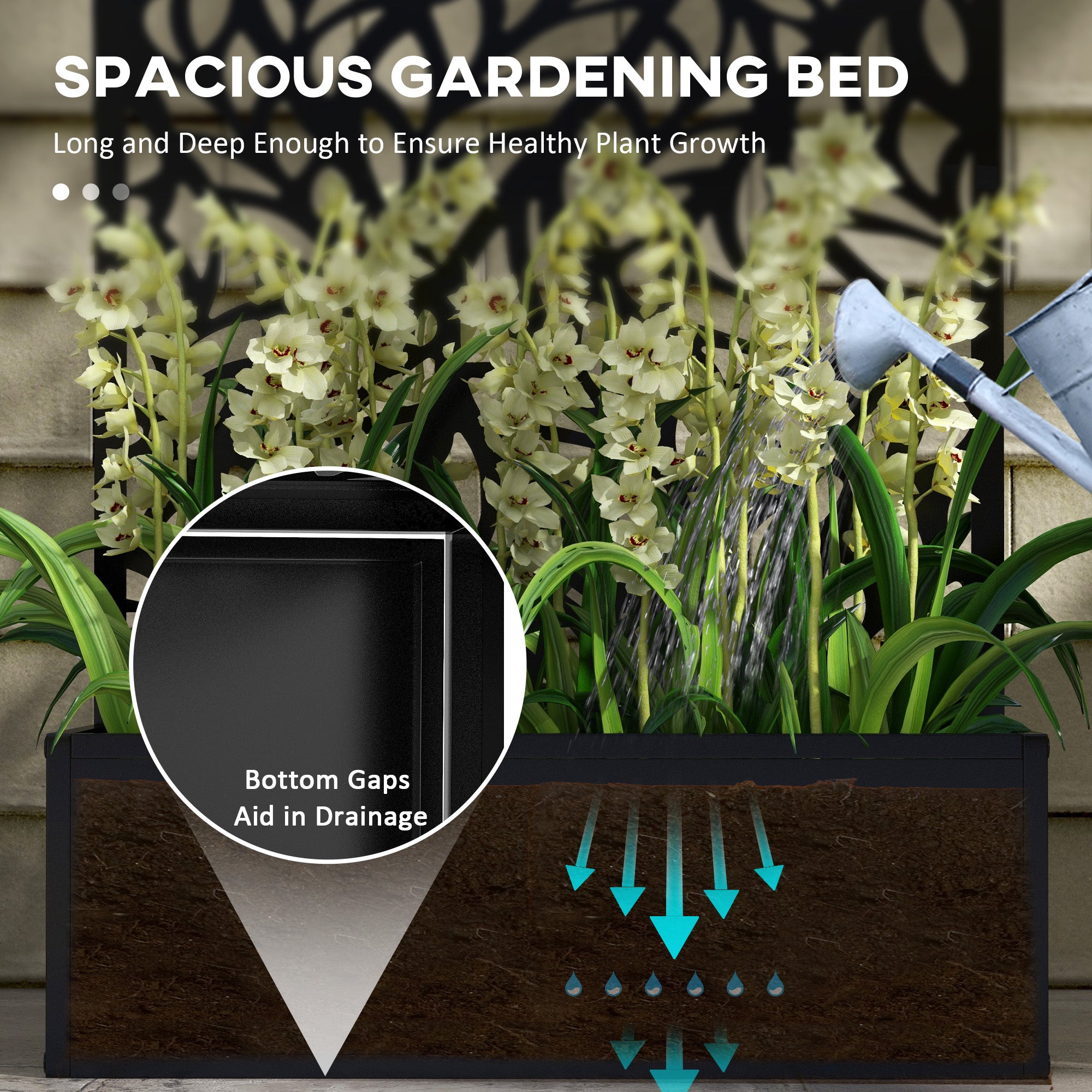 Metal Outdoor Privacy Screen with Raised Graden Bed, Privacy Panel and Planter Box, Wall-Mounted or Freestanding
